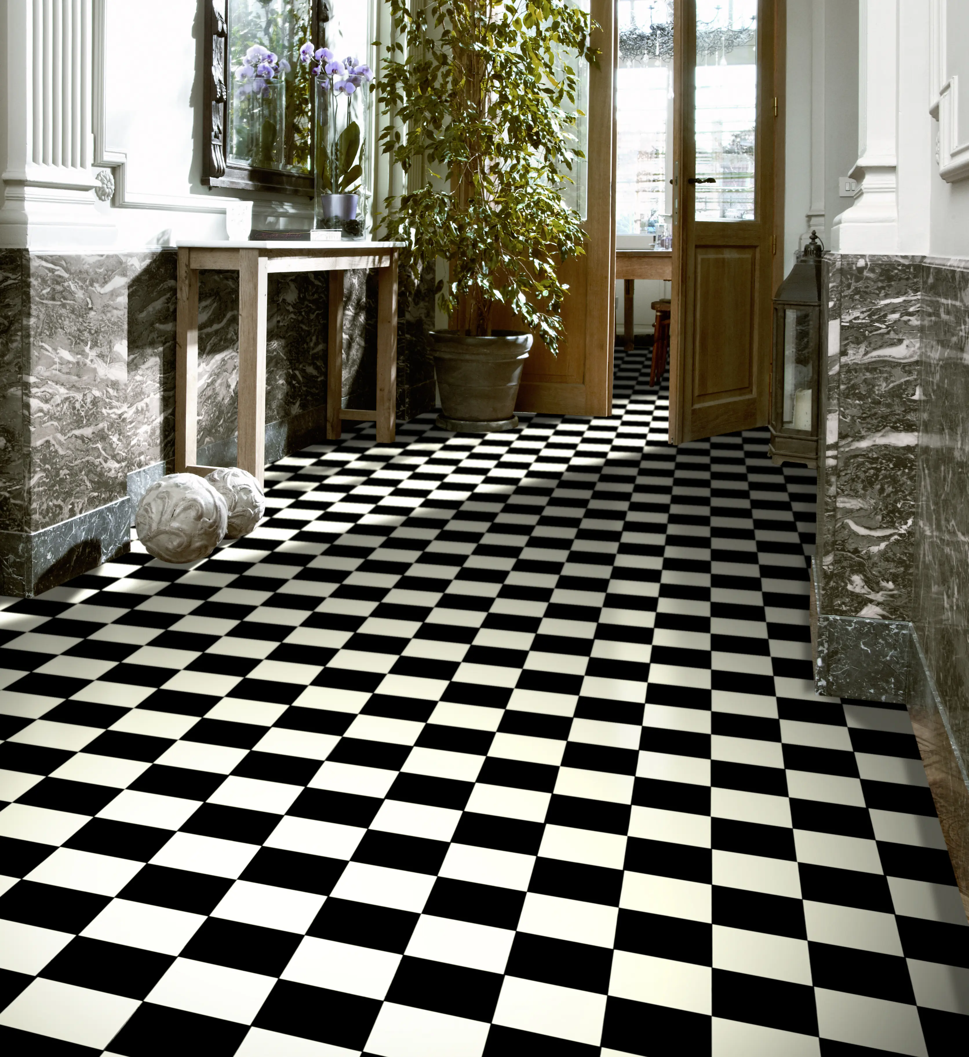 Bodenbelag Vinyl 4 m Track Schachbrett schwarz/weiß