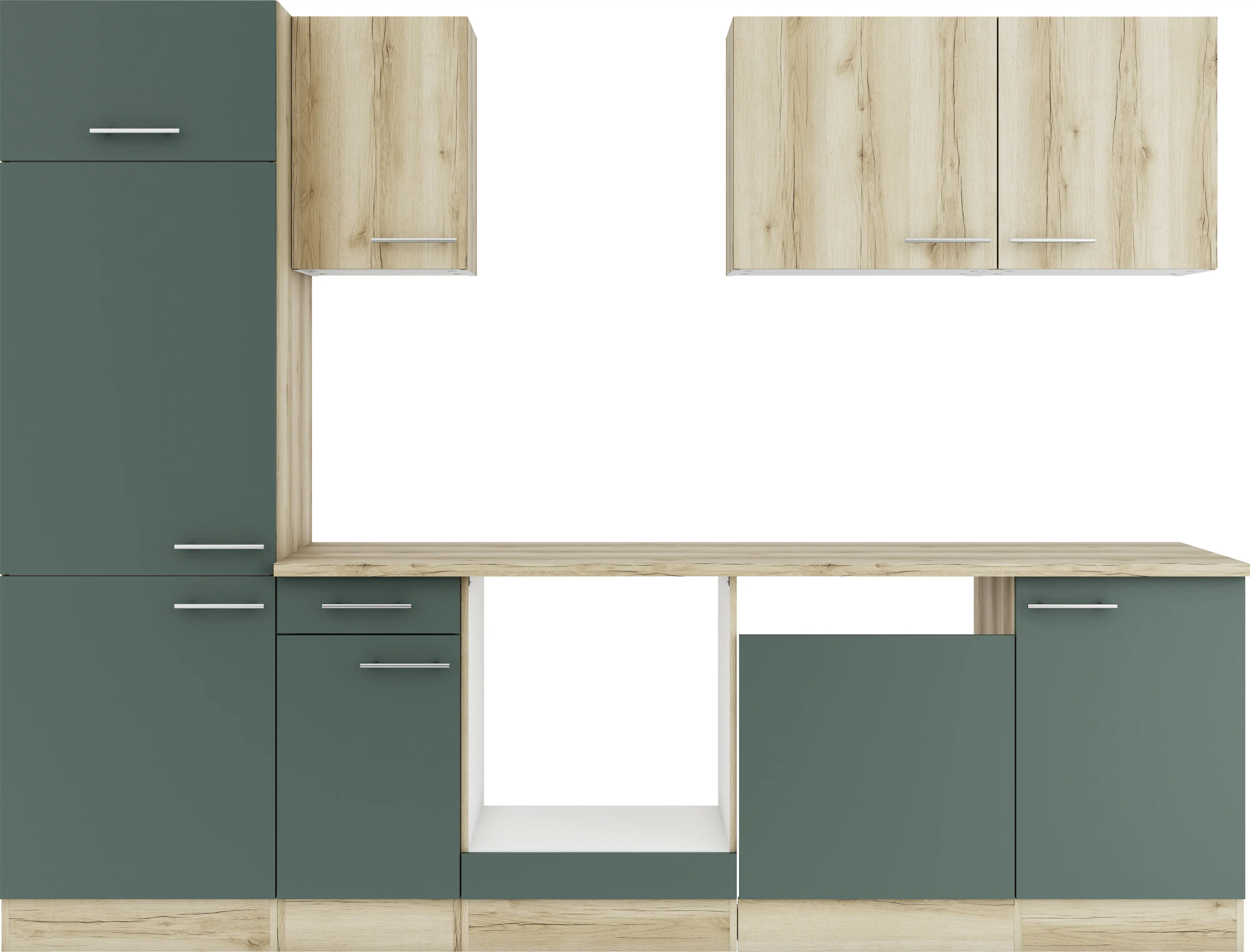 Optifit Küchenzeile Livorno 290/Savona 405 ohne Geräte wildeiche/steingrün 270 cm