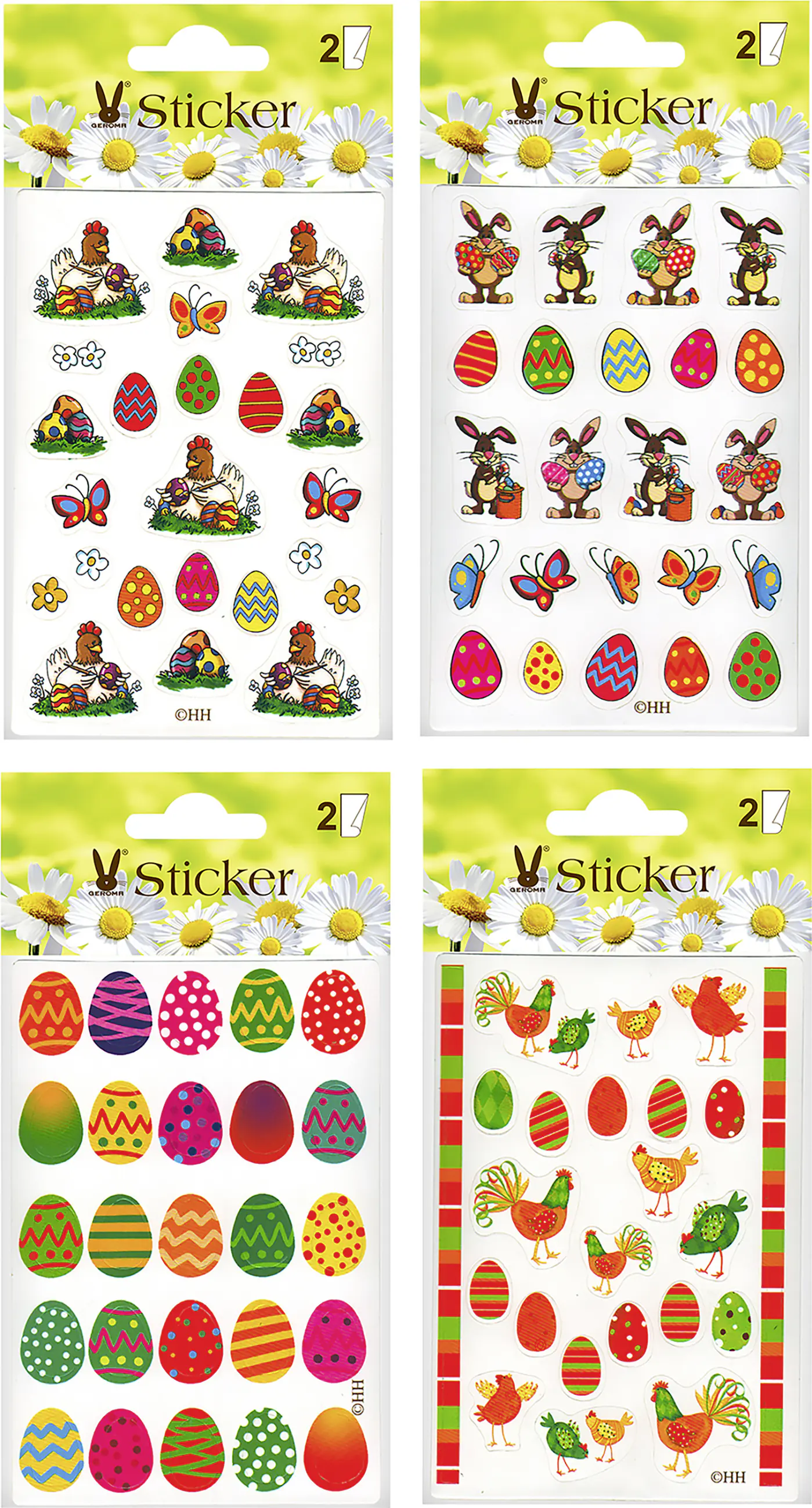 Ostersticker mit Eiern, Hühnern und Hasen 2 Bögen 