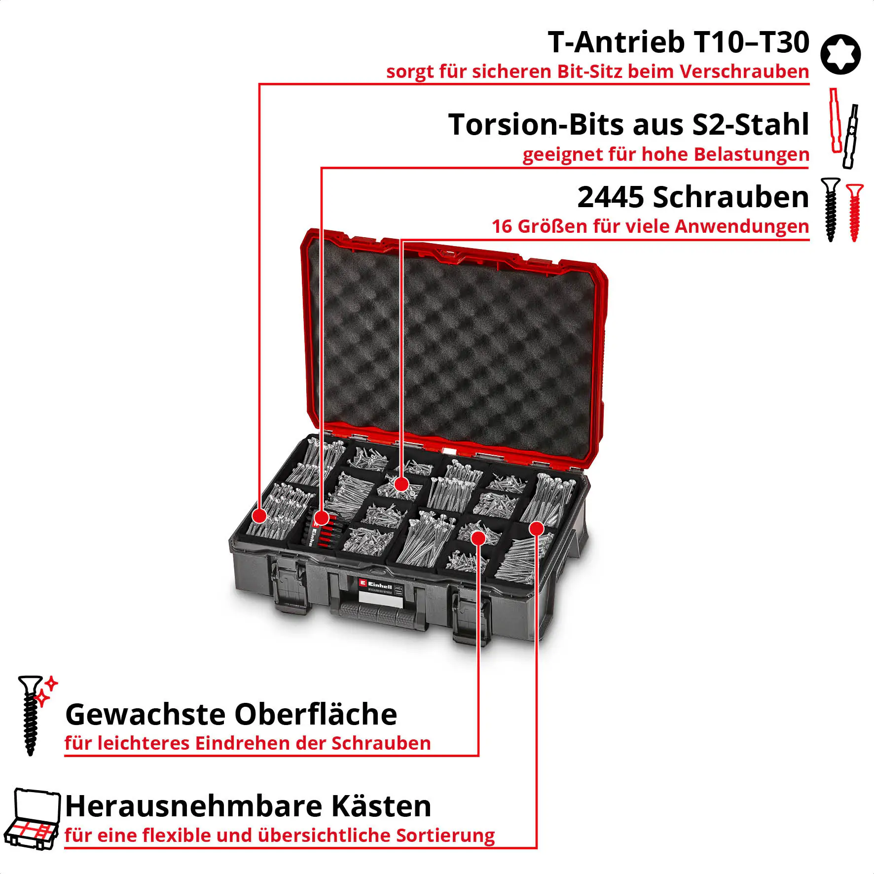 Einhell Schraubenset mit Bits in E-Case-Koffer 2.445-teilig