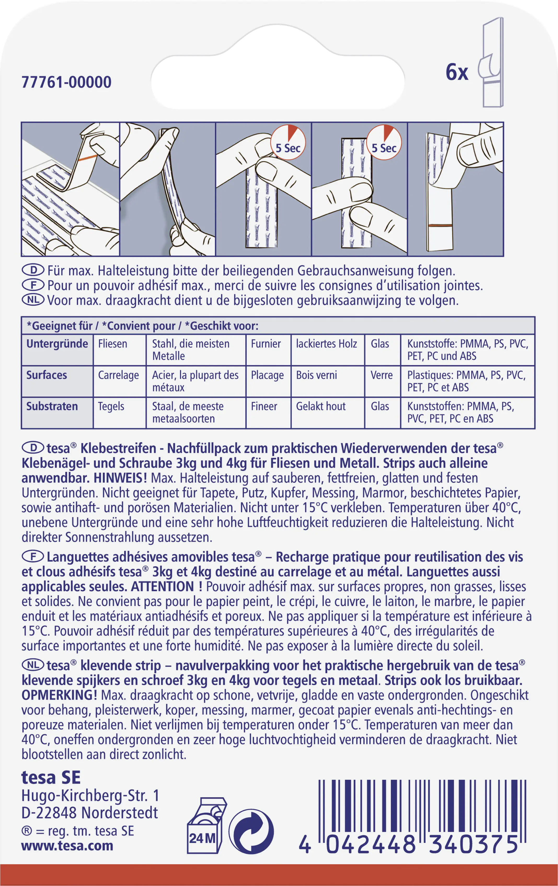 tesa Klebestreifen für Fliesen und Metall 6 Stück, Traglast 3 kg