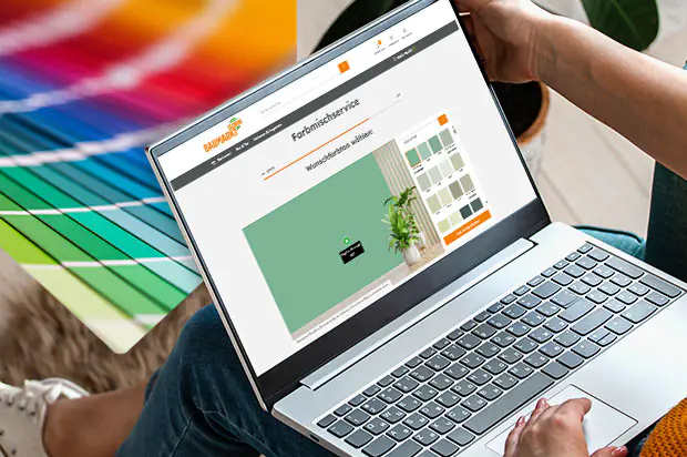 Laptop mit Farbmischkonfigurator von Globus Baumarkt.