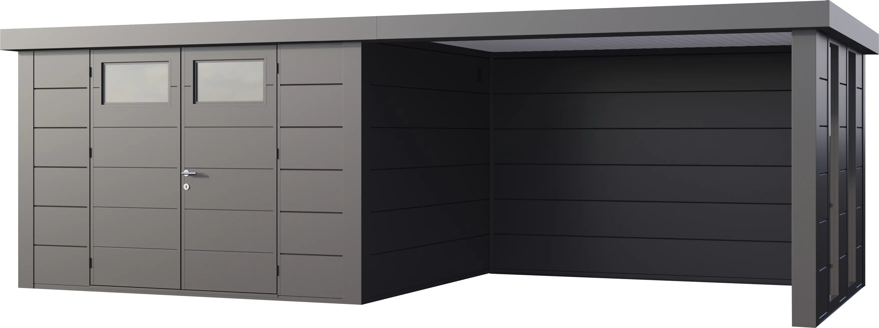 Telluria Gerätehaus Classico Lounge L mit Fenstern 3330 rechts granitgrau 672 x 298 cm