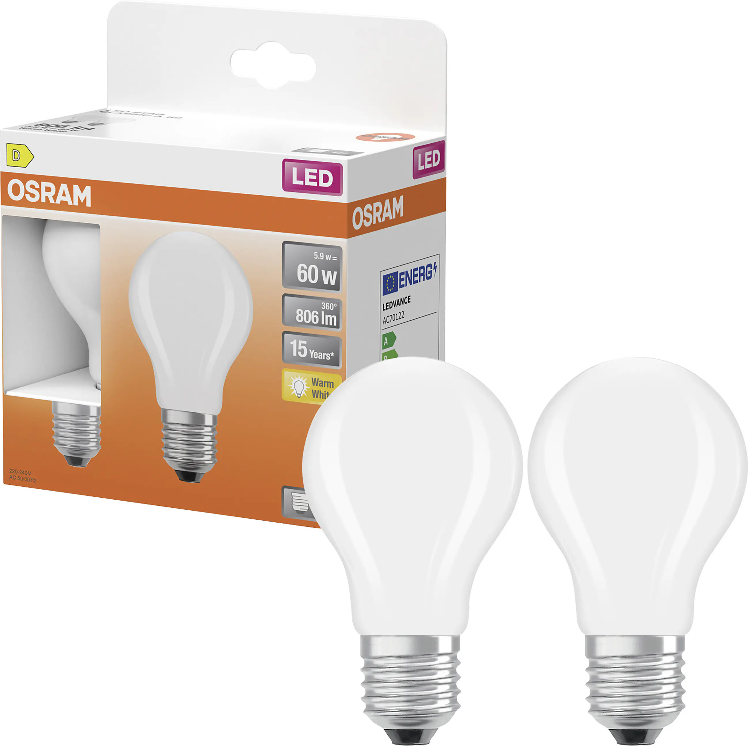 Osram LED Leuchtmittel 2er Pack Star Classic E27 5,9W matt warmweiß