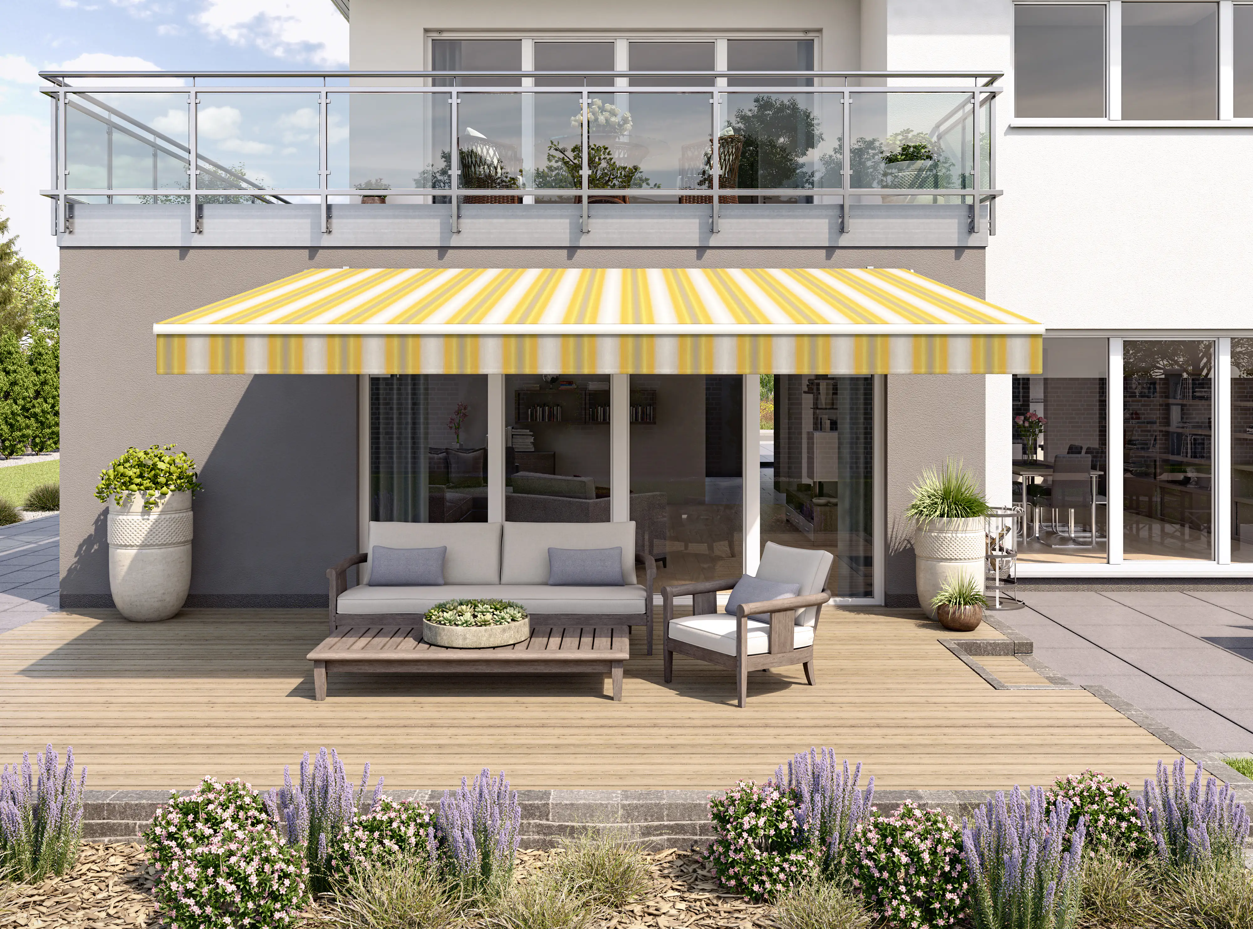 Gelenkarmmarkise Classic grau-gelb gestreift inkl. Motor, Handsender, Solar Panel Gelenkarmmarkise Classic grau-gelb gestreift inkl. Motor, Handsender, Solar Panel