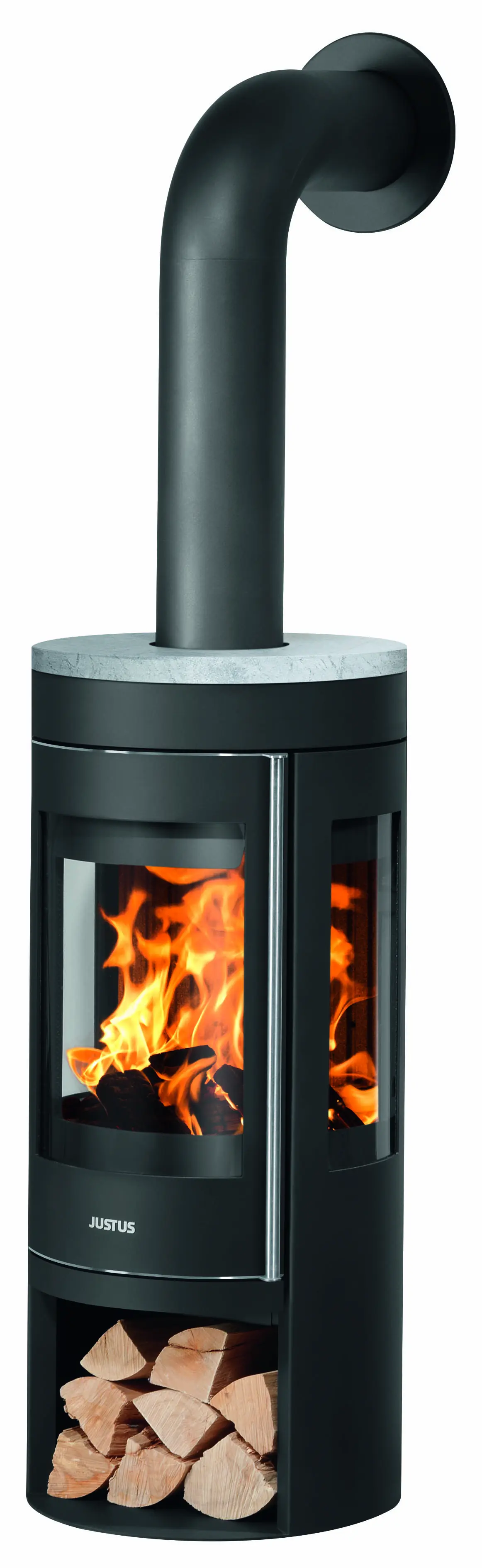 Justus Kaminofen Mino Trios 2.0 Stahl schwarz mit Abdeckplatte Speckstein 5,5 kW