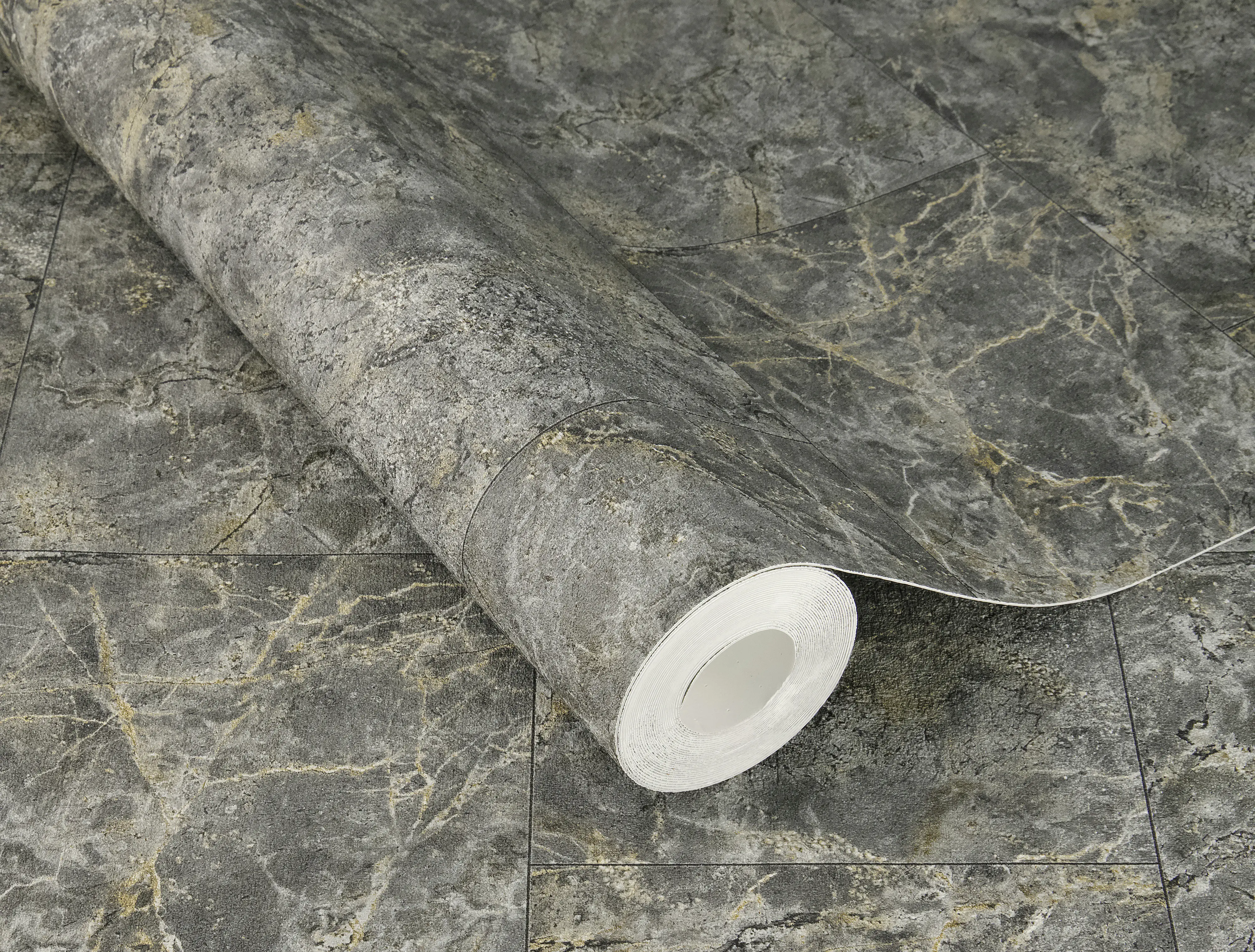 Tesa x Rasch selbstklebende Tapete Luxora Marmor Beton dunkelgrau gold 6 x 0,53 m