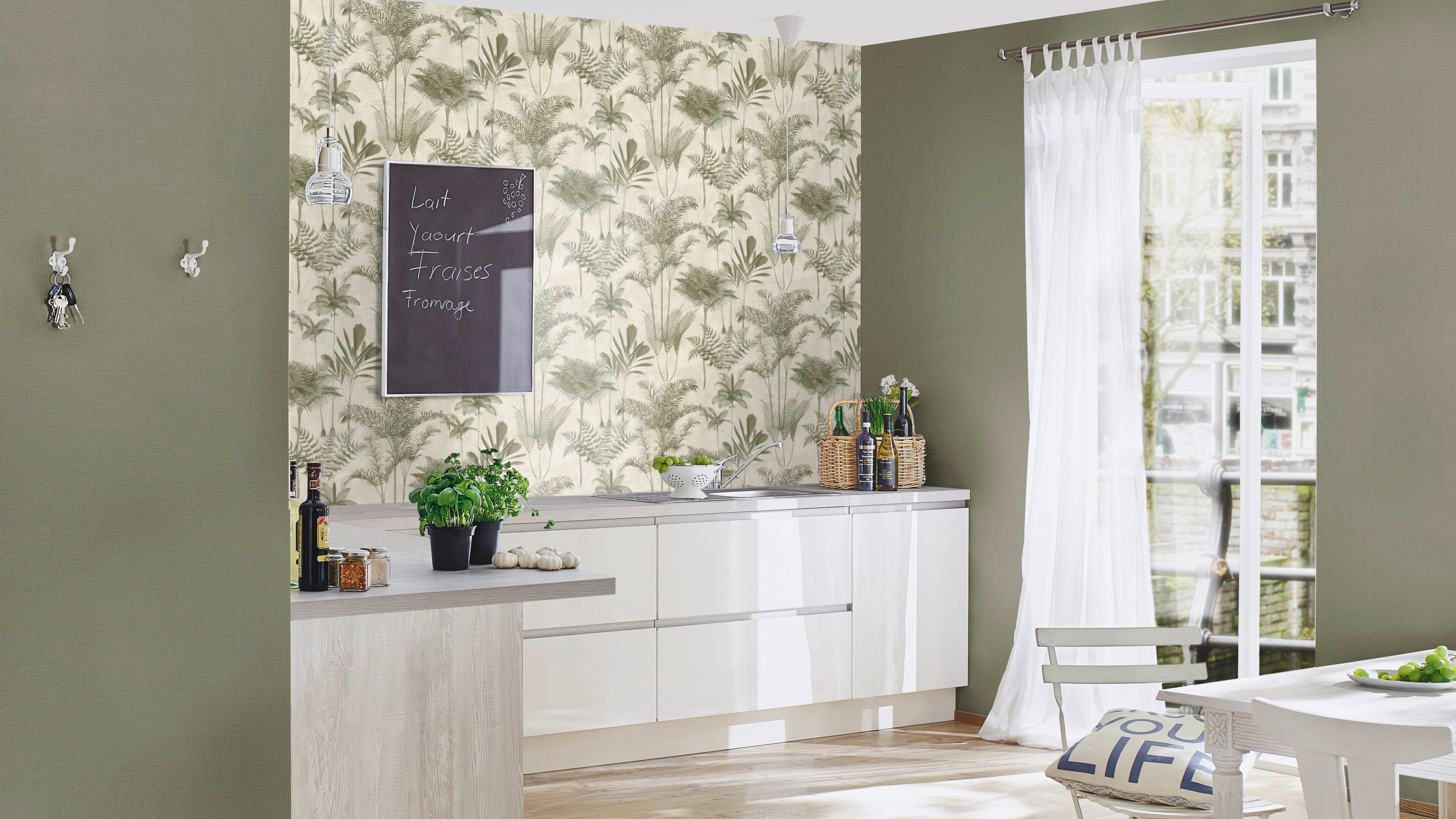 Rasch Vliestapete 555141 Lirico, Tropic beige-grün, 10,05 x 0,53 m