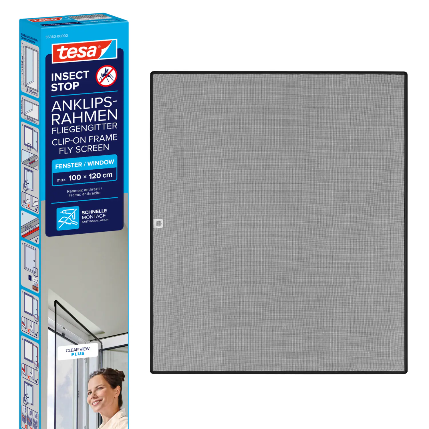 tesa Anklipsrahmen Fliegengitter 100 x 120 cm anthrazit