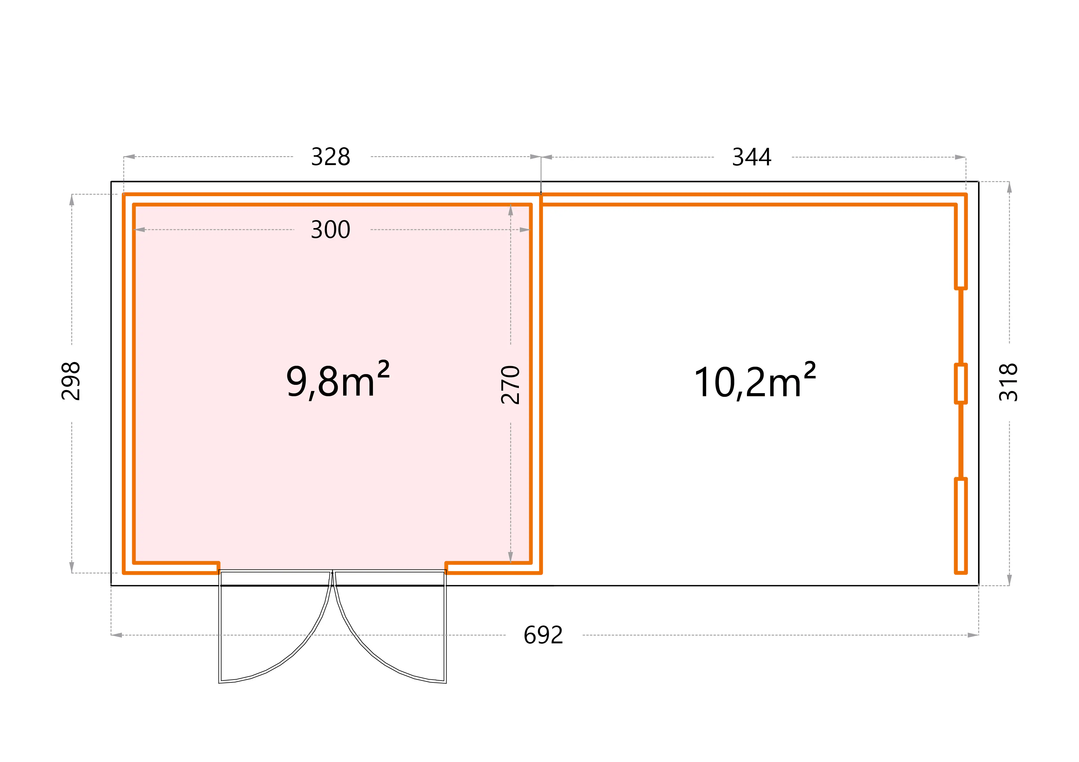 Telluria Gerätehaus Classico Lounge L mit Fenstern 3330 rechts lichtgrau 672 x 298 cm