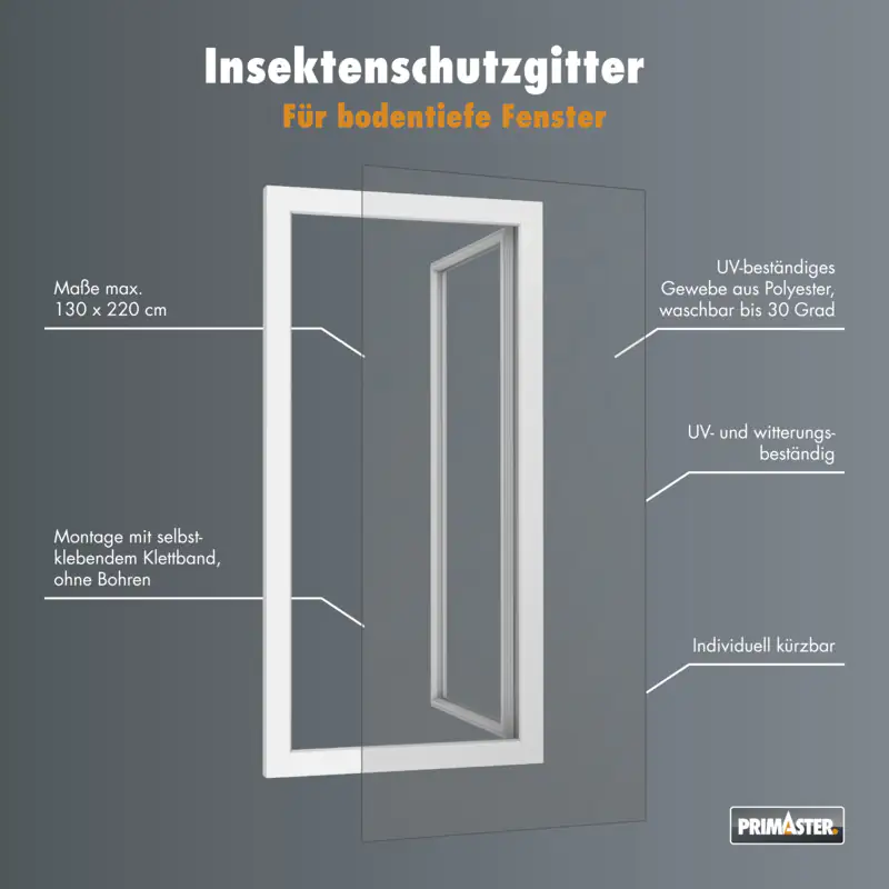 Primaster Fliegengitter für bodentiefe Fenster 130 x 220 cm weiß kürzbar