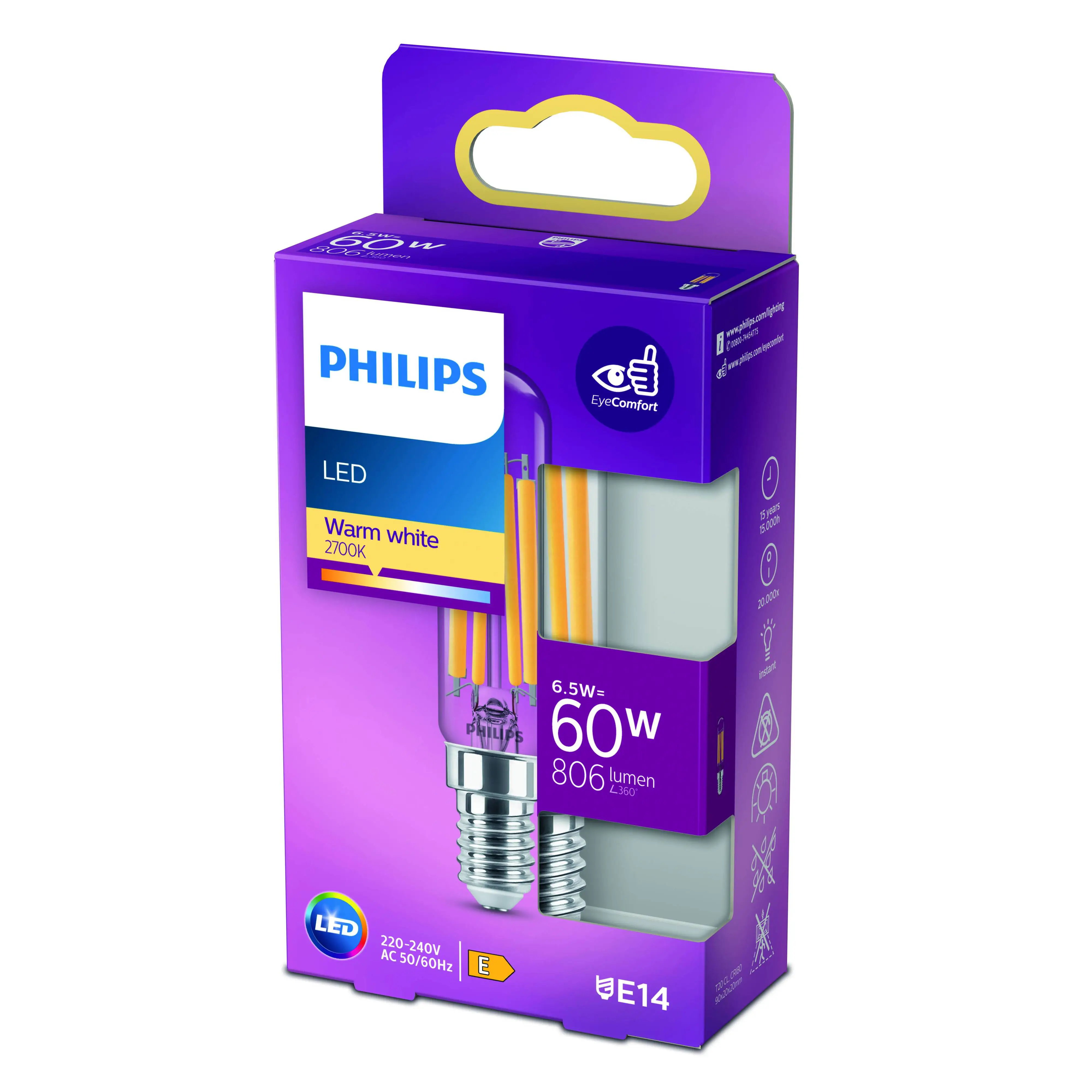 Philips LED-Leuchtmittel Stabform T20L E14 6,5W warmweiß klar