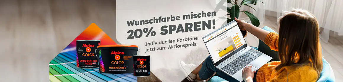 Wunschfarbe mischen, 20% sparen! Alpina Farben und Frau mit Laptop zur Farbauswahl. Individuellen Farbton jetzt zum Aktionspreis.