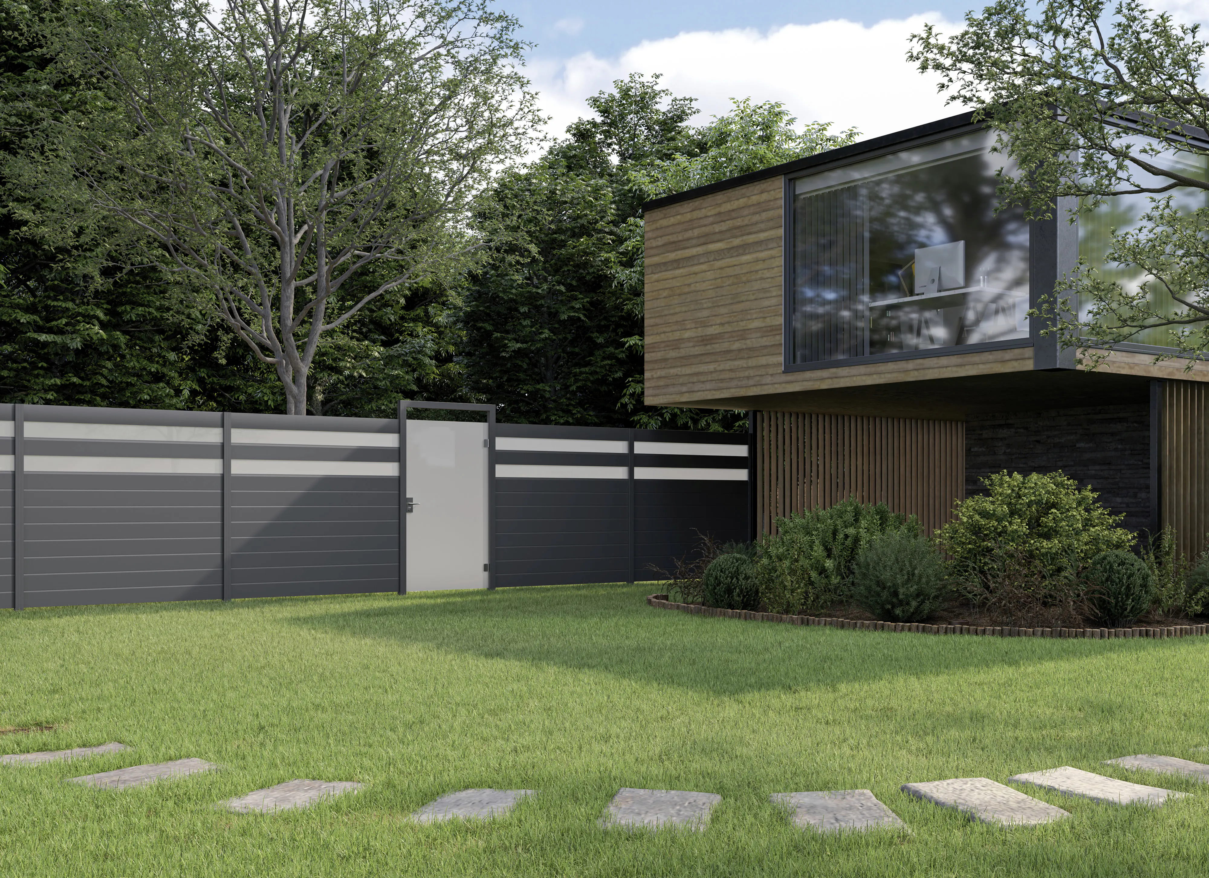 Ambiente Alu-Zaun Paneel 150 + ESG 8 mm 180 cm x 180 cm 22 mm stark