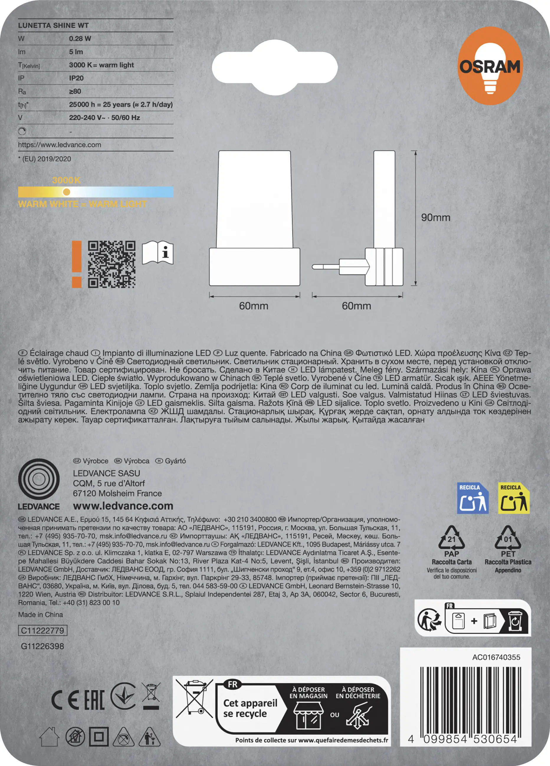 Osram LED-Nachtlicht Lunetta Shine mit Tag-/Nacht Sensor 9 cm warmweiß weiß