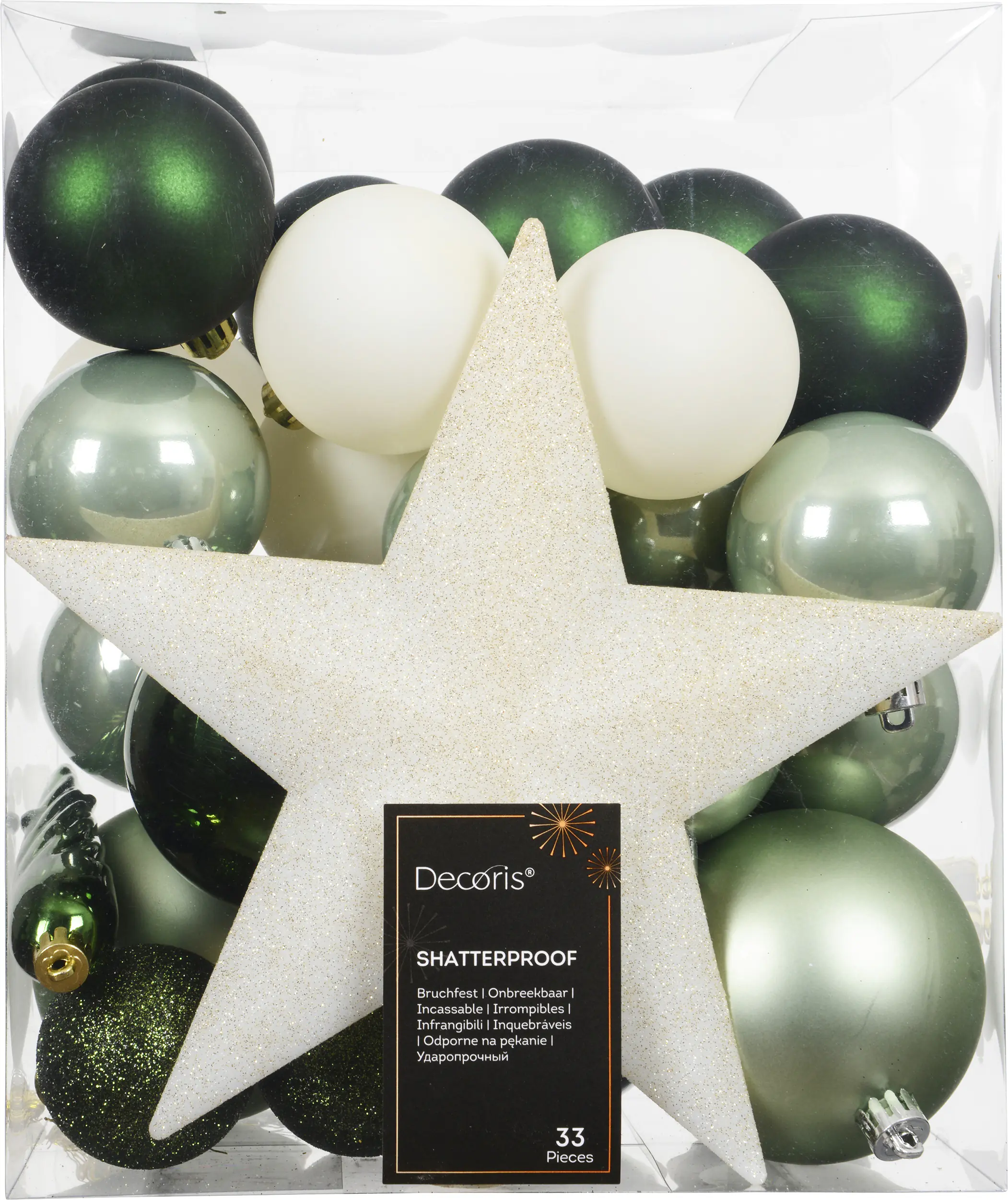 Decoris Weihnachtskugeln mit Christbaumspitze aus Kunststoff bruchsicher Ø 5, 6, 8 cm grün-beige 33 Stück