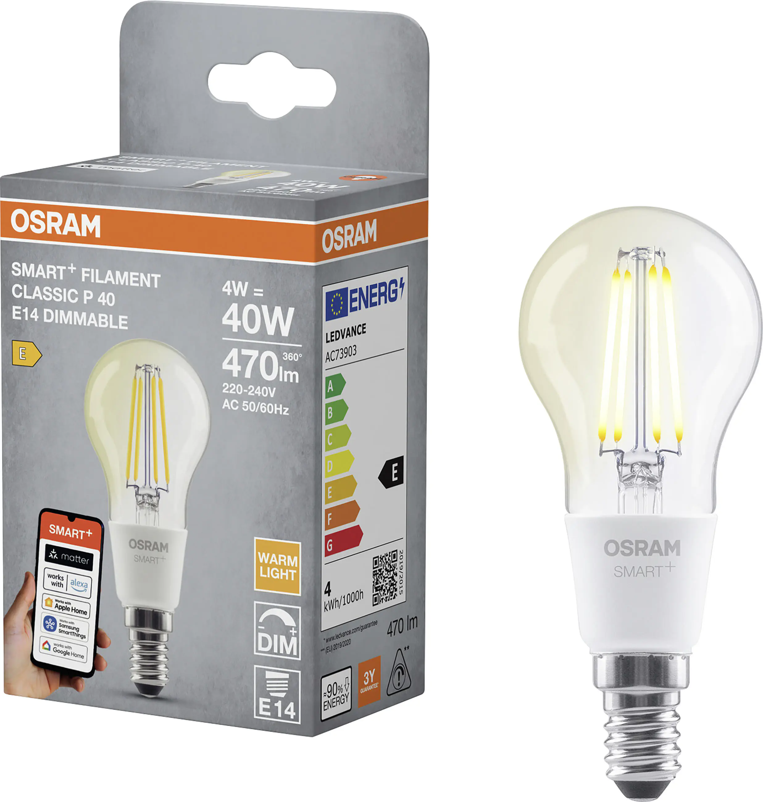 Osram SMART+ Matter Leuchtmittel E14 Classic 4W dimmbar warmweiß