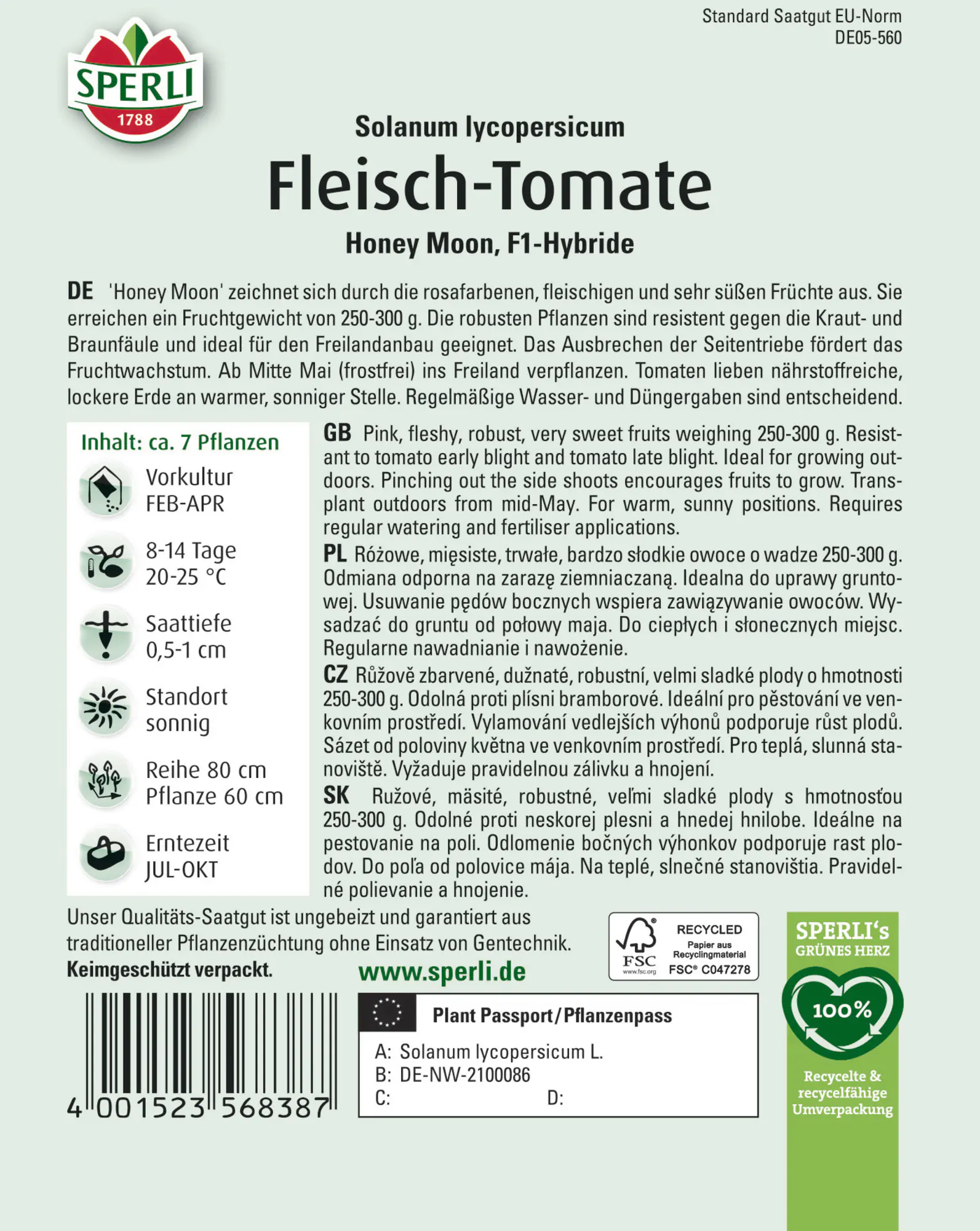 Sperli Saatgut Fleisch-Tomaten Honey Moon F1 für ca. 7 Pflanzen