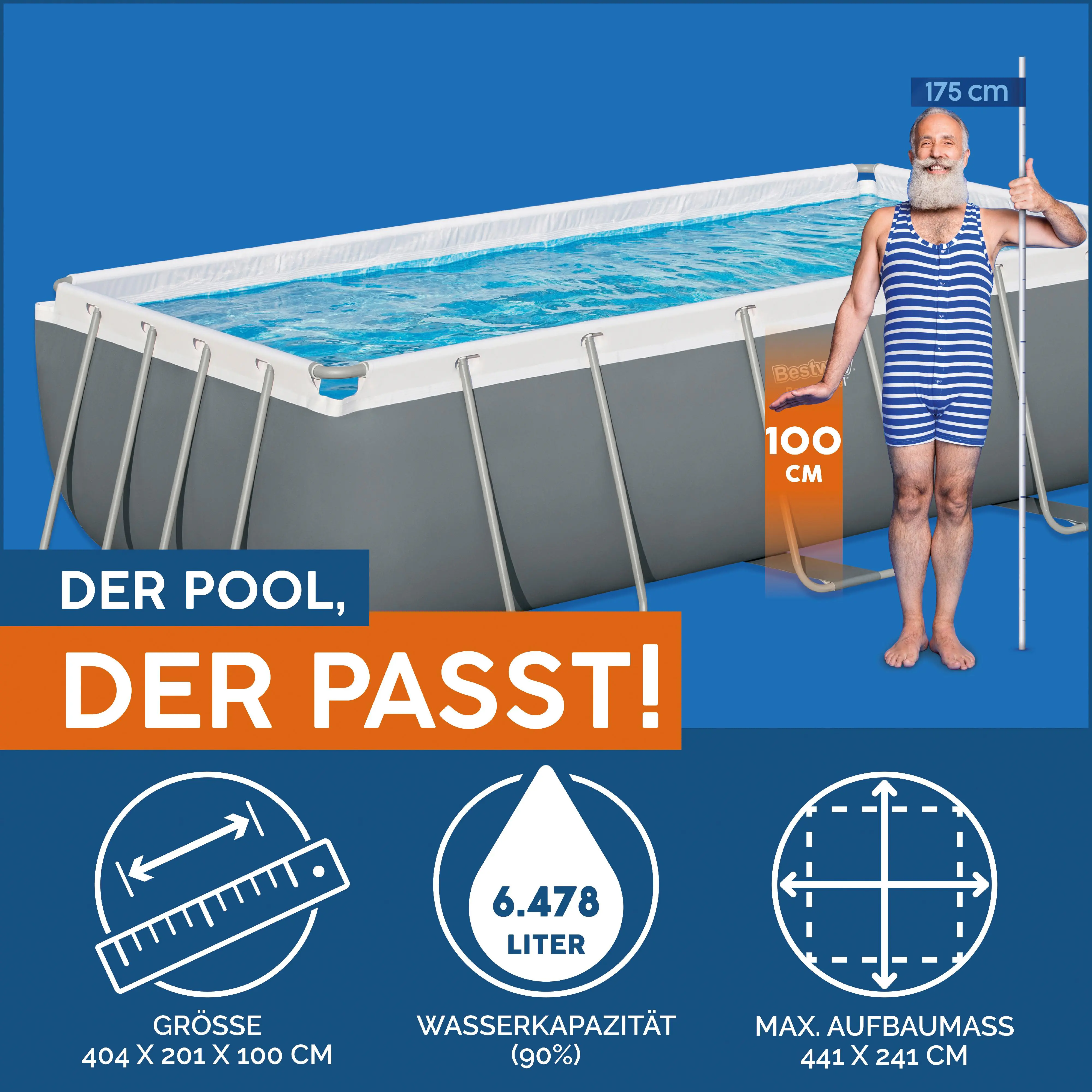 Bestway Power Steel Frame Pool Set mit Filterpumpe 404 x 201 x 100 cm, grau, eckig