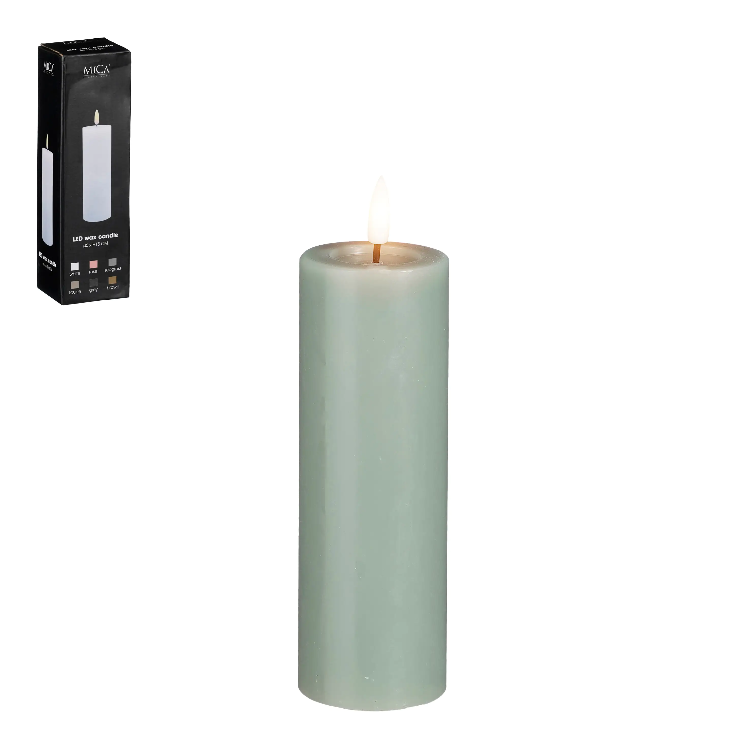 Mica LED Kerze grün, warm weiss, batteriebetrieben mit Timer 15 x Ø 5 cm