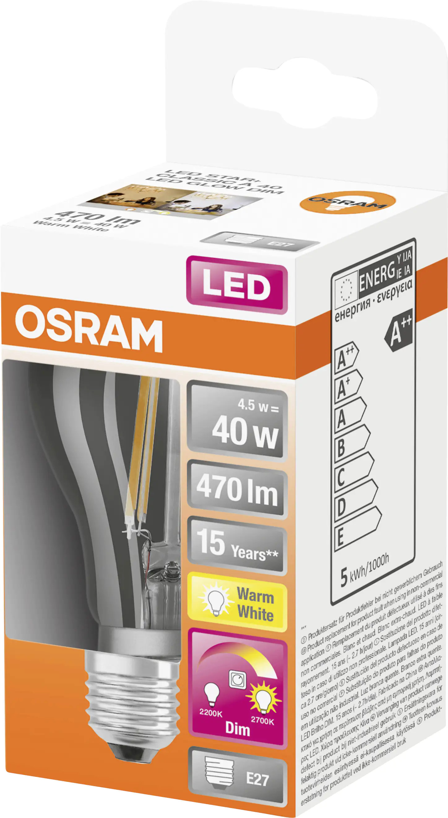 Osram LED Leuchtmittel Glow Classic A E27 4,5W warmweiß, dimmbar, klar
