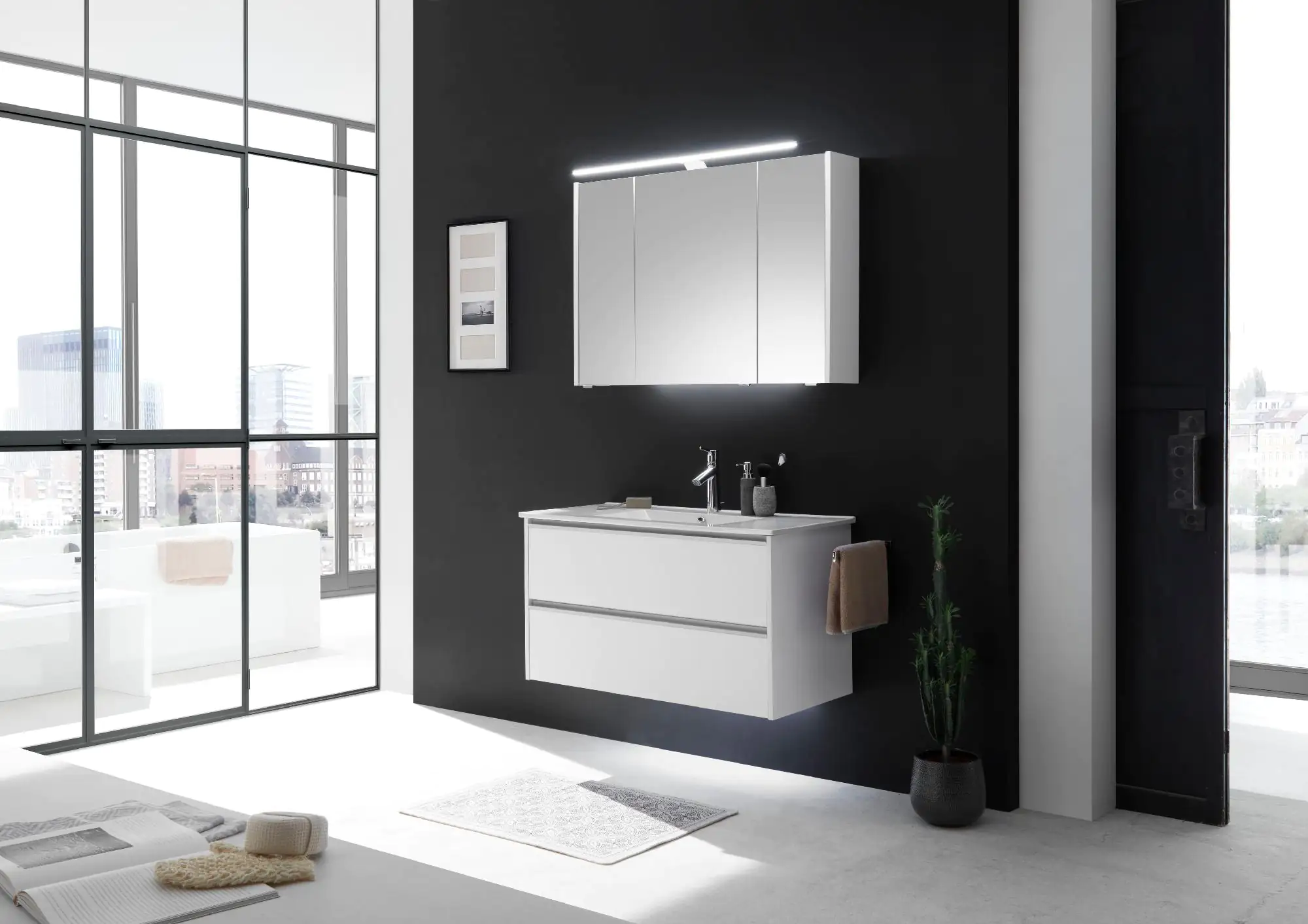 Pelipal Badmöbel-Set 6040 Weiß Matt/Weiß Matt Touch mit Mineralmarmor-Waschtisch + LED-Leuchte 103 c