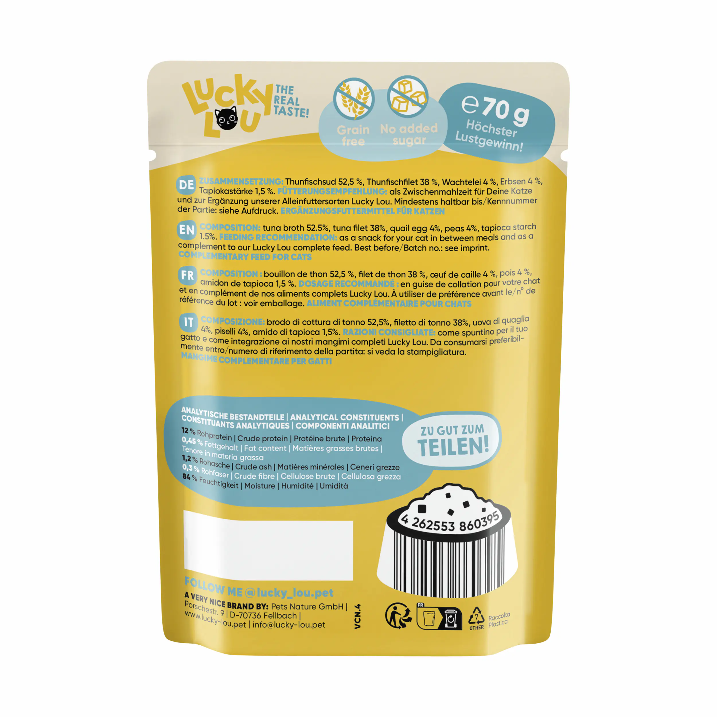 Lucky Lou Extrafood Katzennassfutter Adult getreidefrei 70 g Thunfisch mit Wachtelei & Erbsen in Jelly