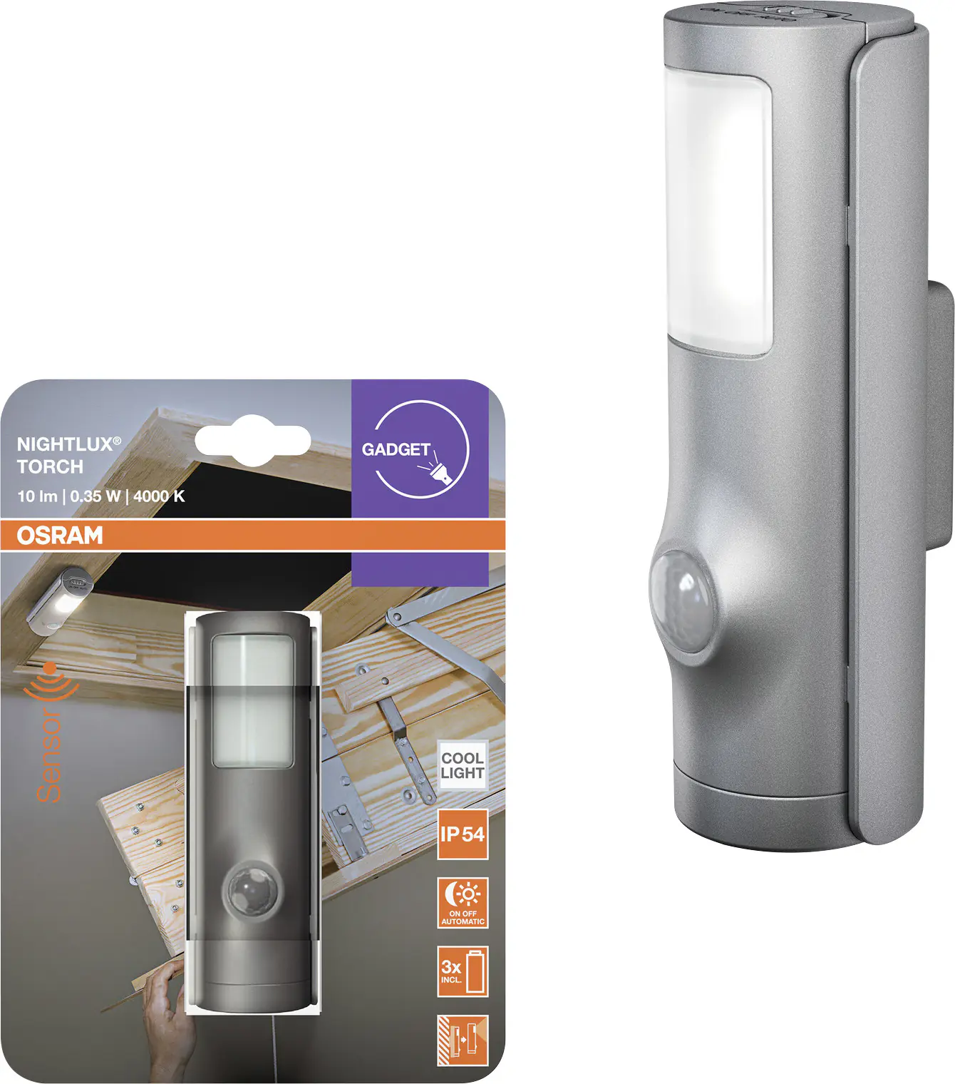Osram LED-Nachtlicht Nightlux Torch mit Licht- & Bewegungssensor 10,8 cm kaltweiß silber
