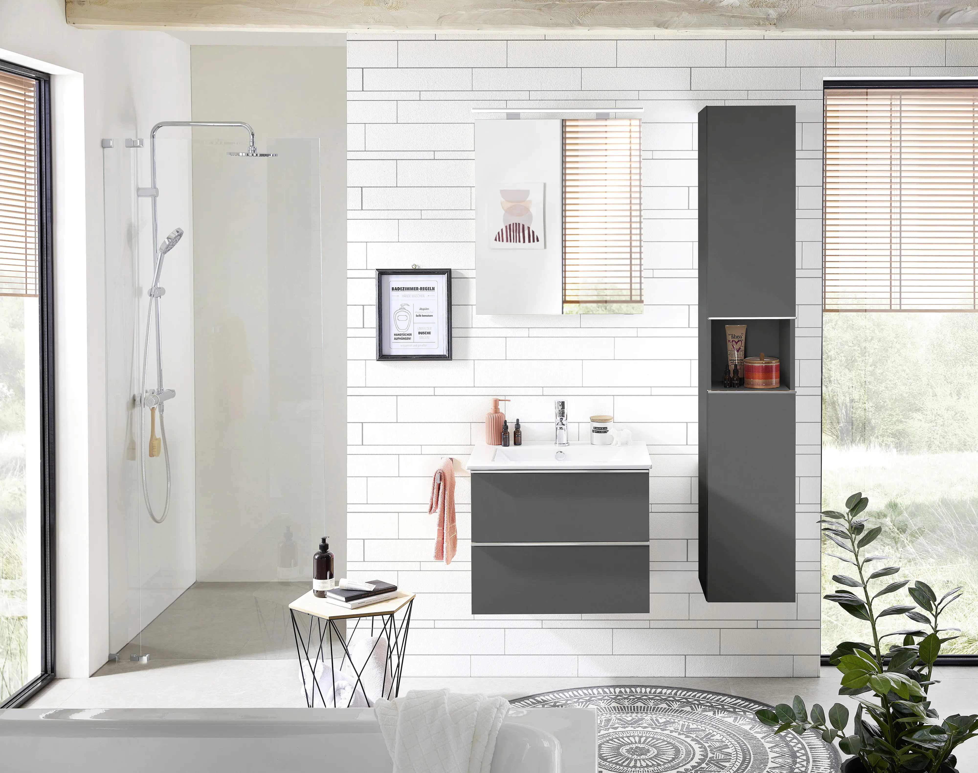 Primaster Bad-Set Düsseldorf grau 61 cm LED-Leuchten, Keramikwaschtisch