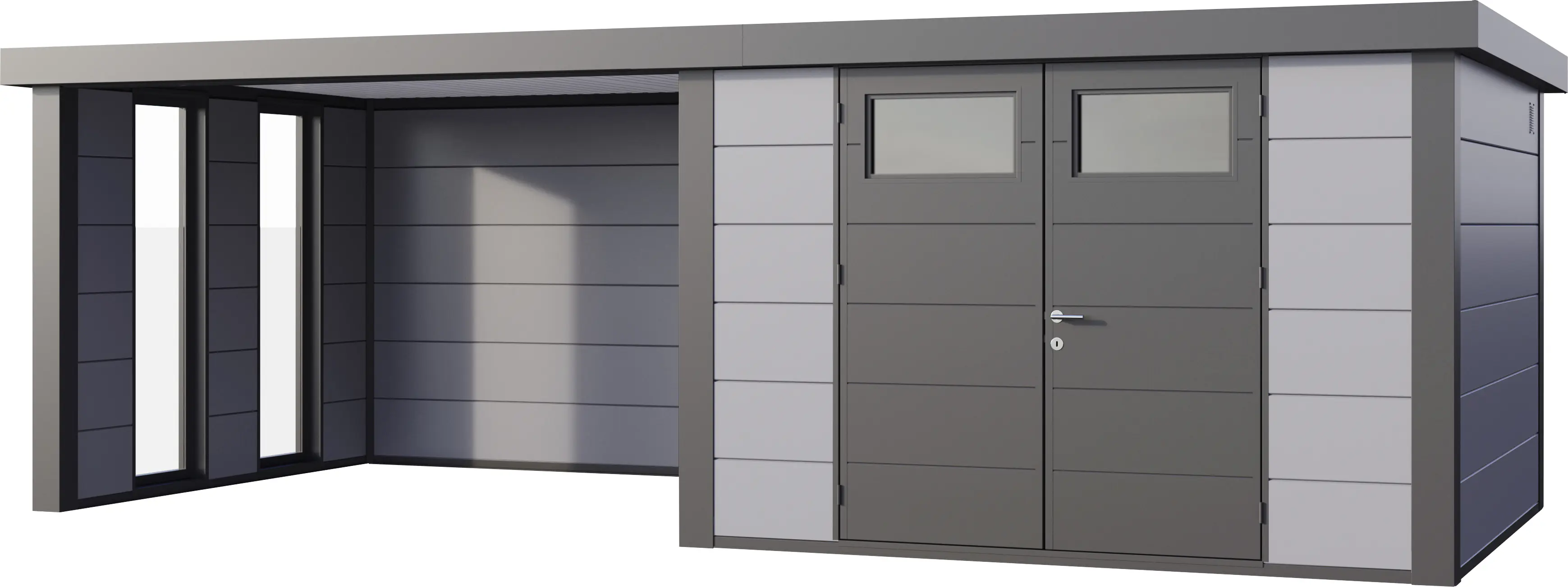 Telluria Gerätehaus Classico Lounge L mit Fenstern 3030 links lichtgrau 642 x 298 cm