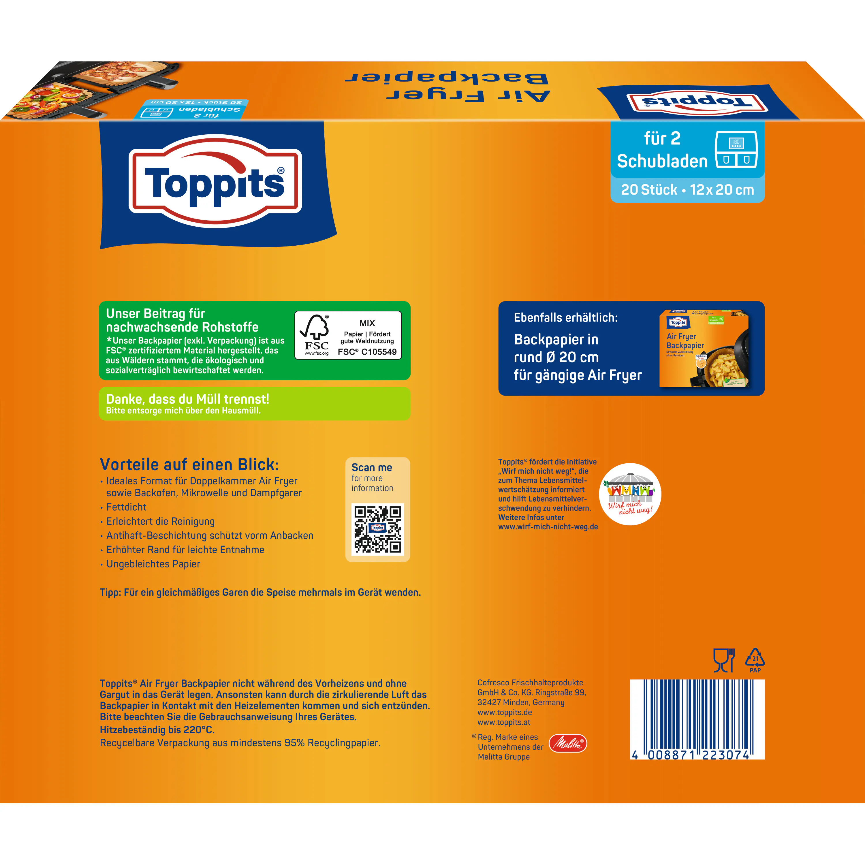 Toppits® Backpapier Air Fryer eckig 12 x 20 cm