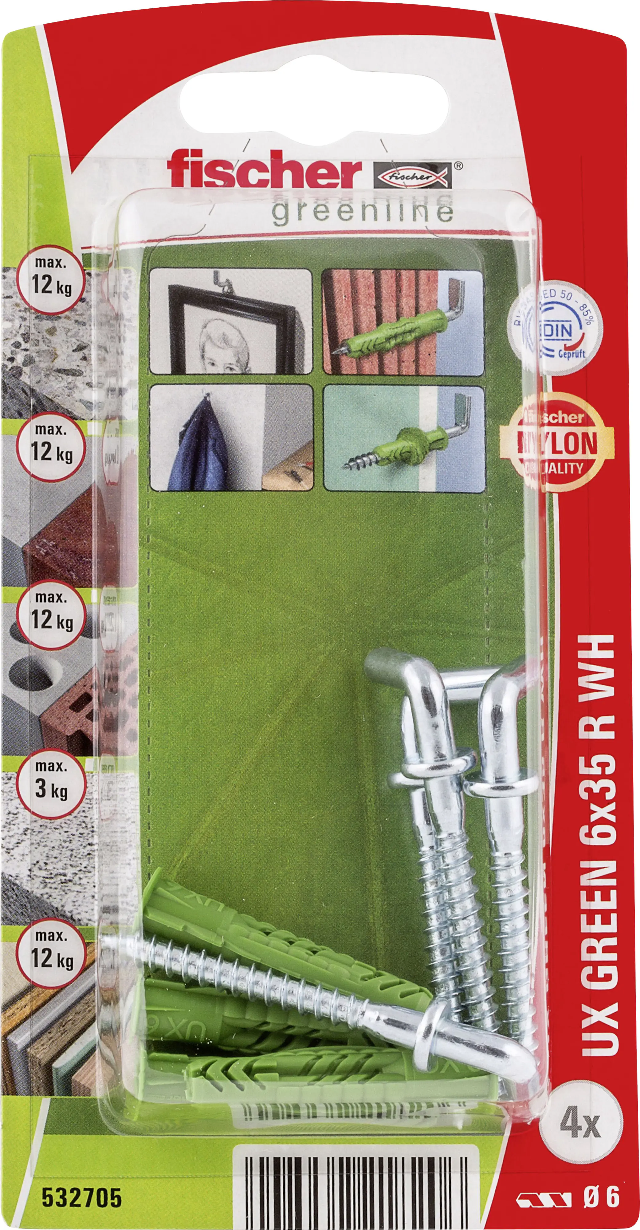 Fischer Universaldübel UX Green R WH 6 x 35 mm mit Rand & Winkelhaken - 4 Stück