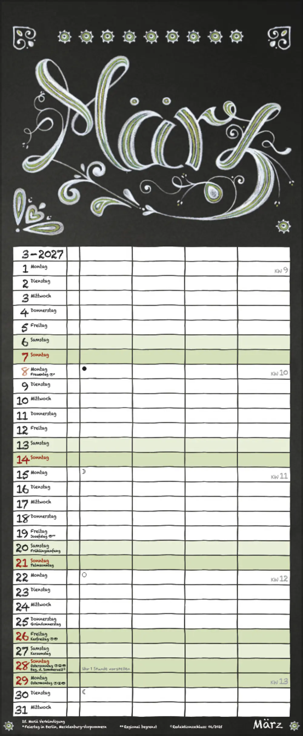 Korsch Kalender Timer Tafel 2027