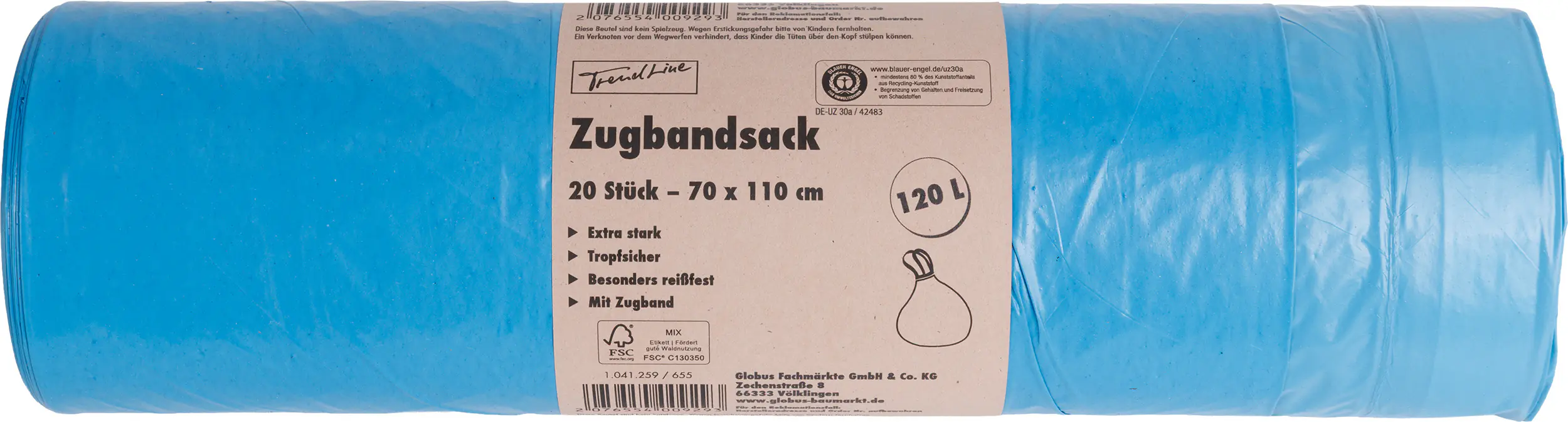 Trendline Müllsack120 L, 35 mµ, mit Zugband, blau, 20 Stück