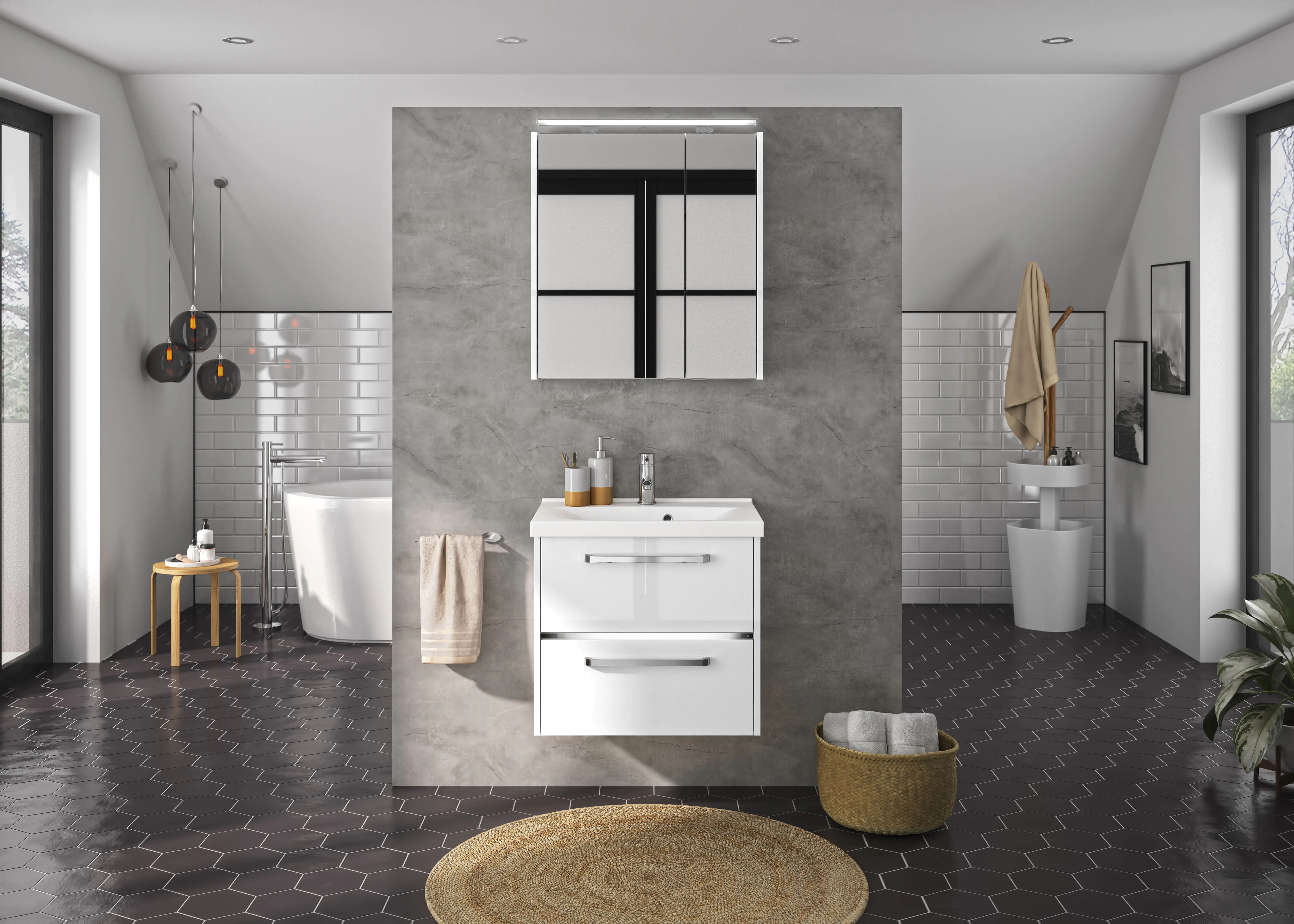 Primaster Badmöbel-Set Berlin weiß 65 cm LED-Leuchten, Mineralgusswaschtisch