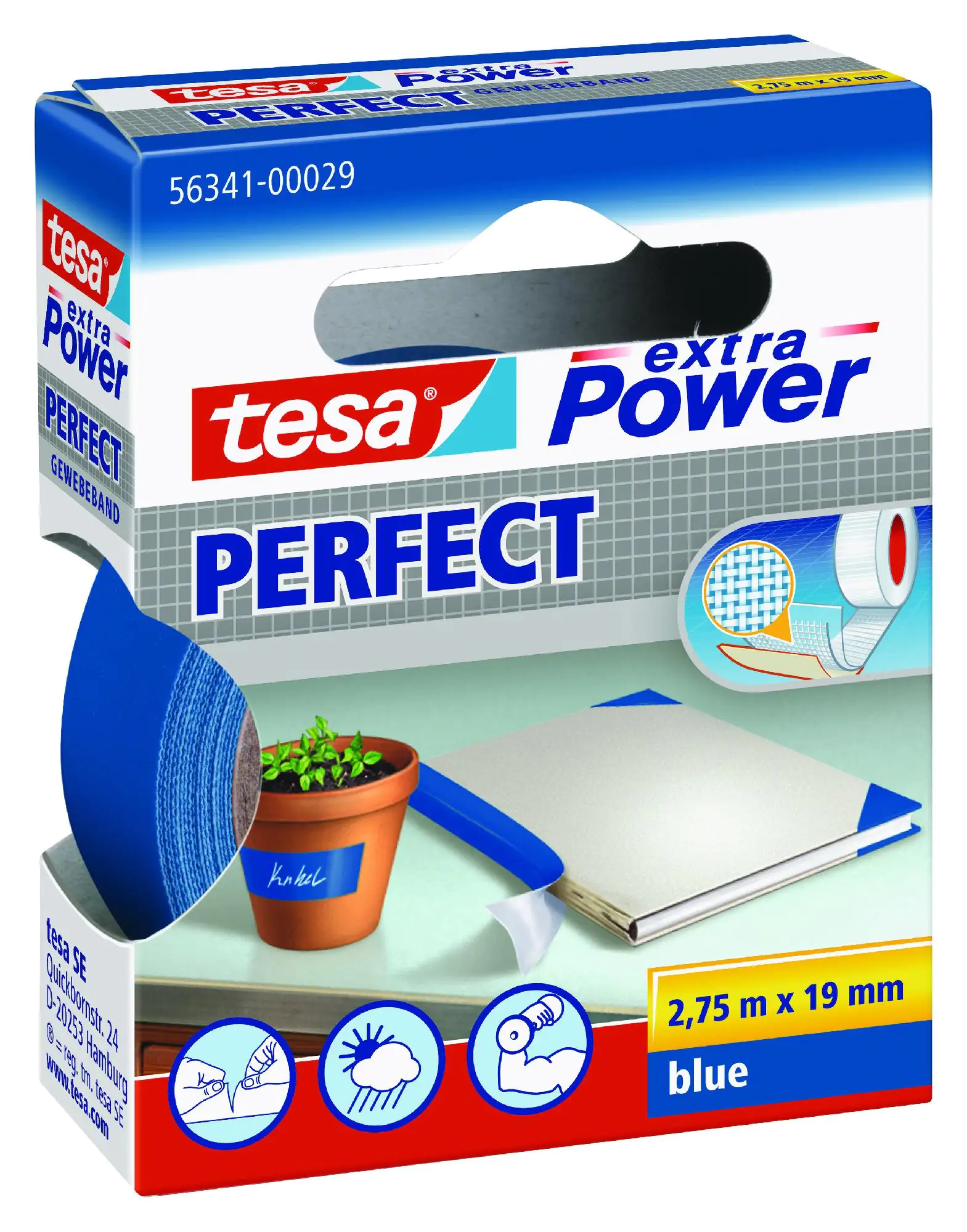 tesa extra Power Gewebeband Perfect 2,75 m x 19 mm, blau