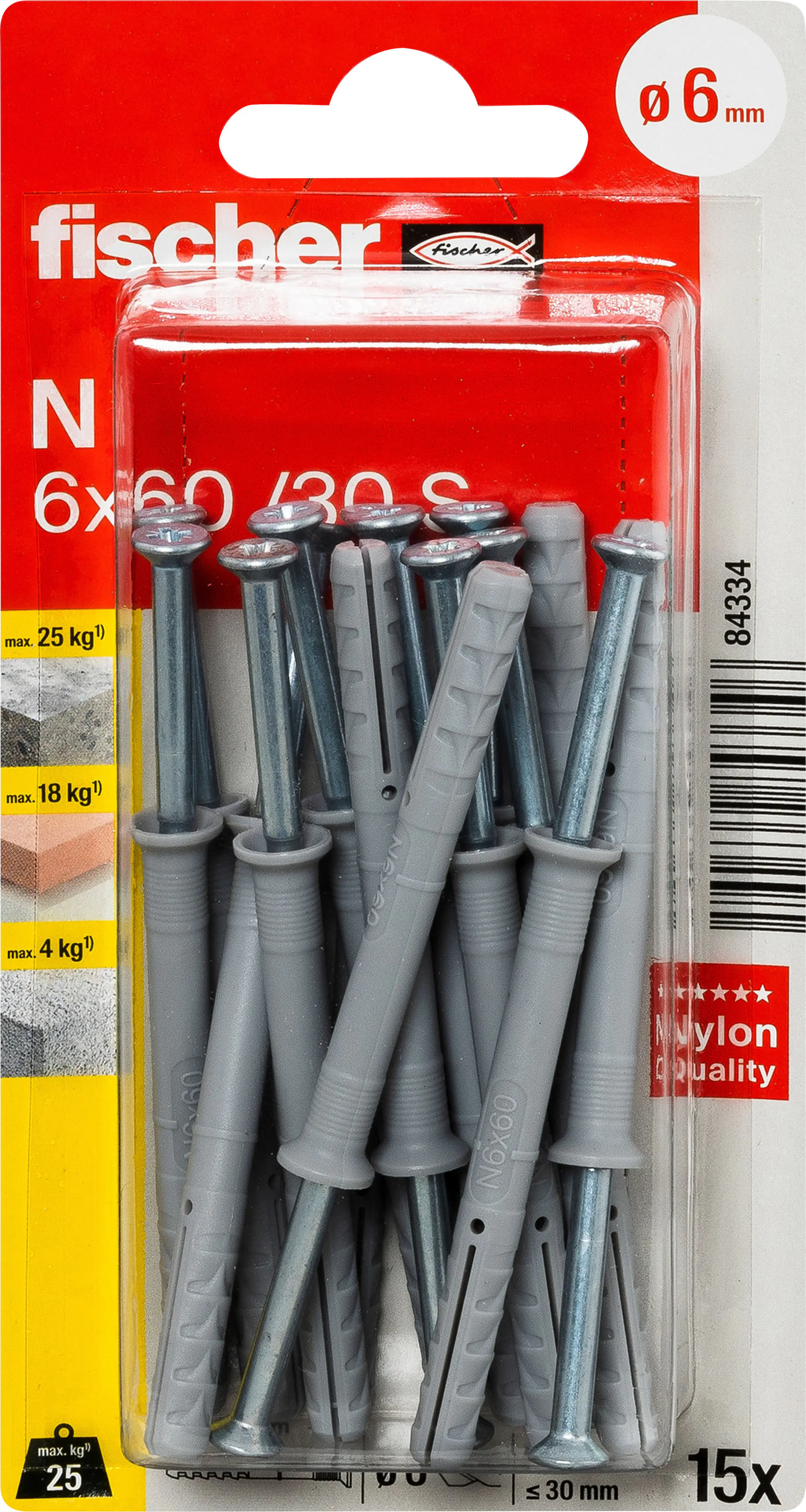 Fischer Nageldübel N 6 x 60 mm mit Schraube - 15 Stück