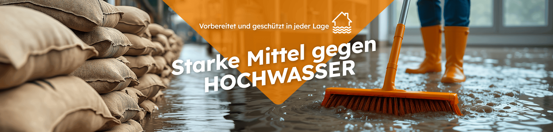 Jemand steht mit Gummistiefeln und einem Gummibesen neben Sandsäcken im Hochwasser. Text: Starke Mittel gegen Hochwasser – vorbereitet und geschützt in jeder Lage.