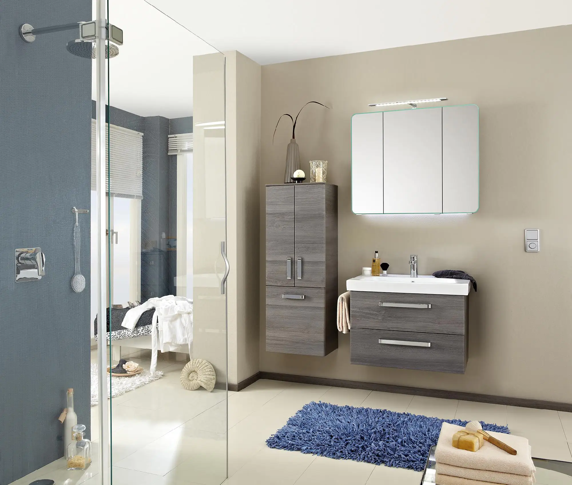 Pelipal Badmöbel-Set Pineo Sangallo Grau mit Waschplatzbeleuchtung + Midischrank 130 cm
