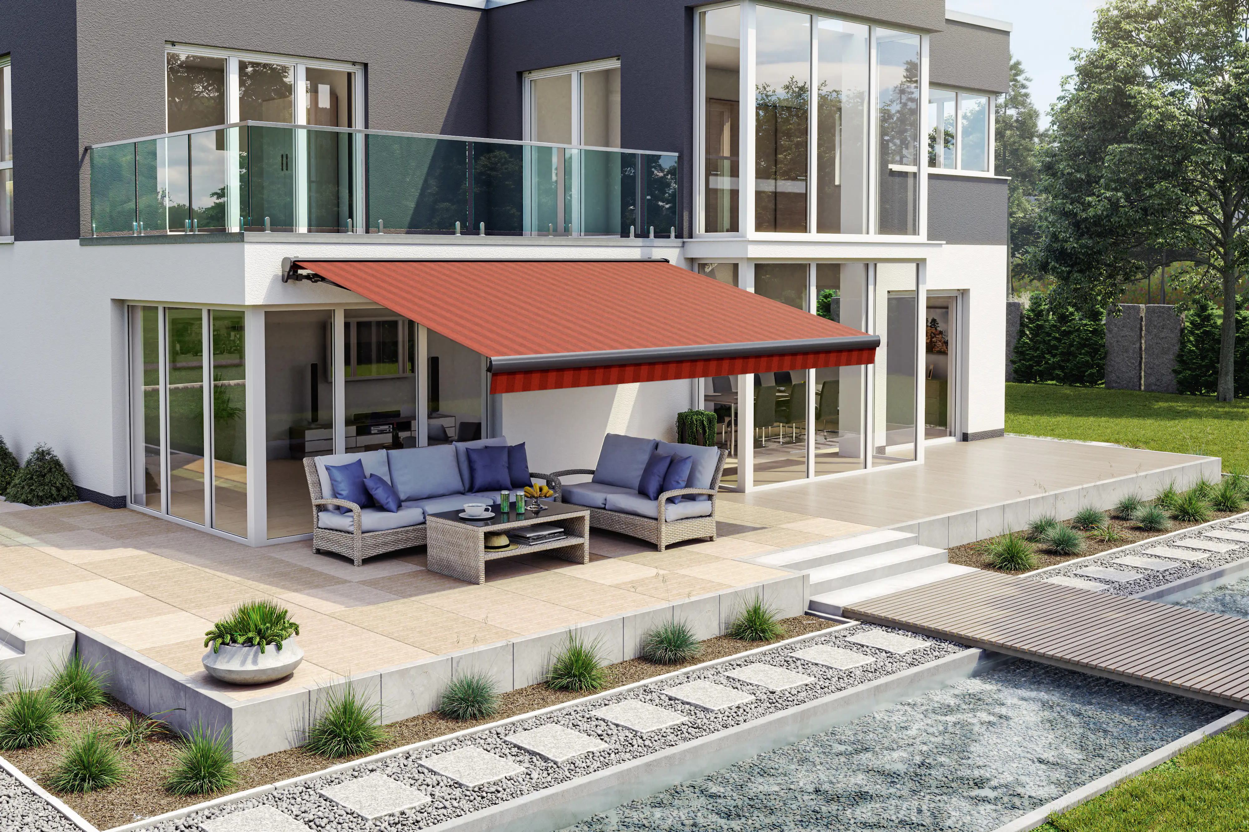 Teilhülsenmarkise bordeaux gestreift 