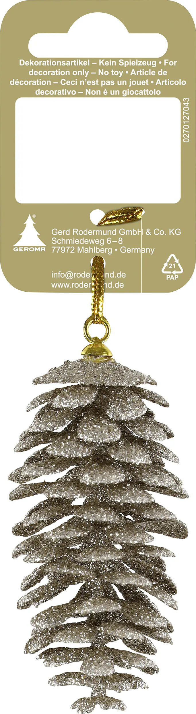 Weihnachtsanhänger Tannenzapfen aus Kunststoff 8 cm champagne