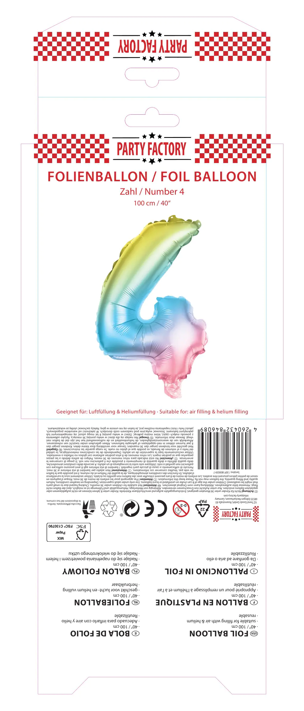 Folienballon Zahl 4 bunt 100 cm