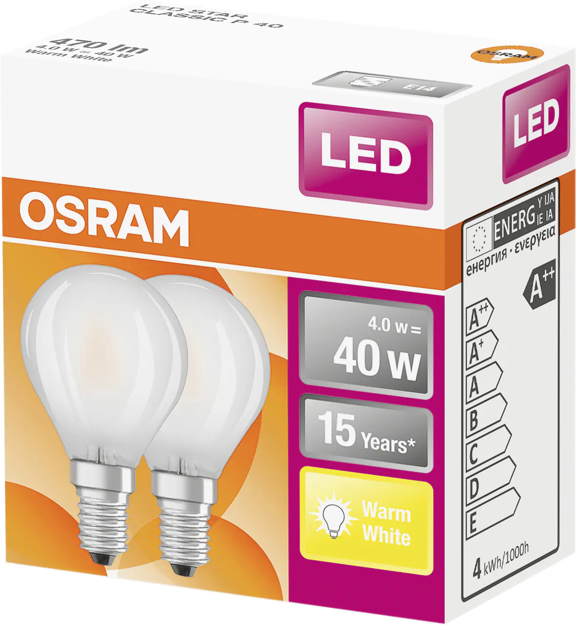 Osram LED Leuchtmittel Clas P40 E14 4W 2er Pack warmweiß, weiß matt