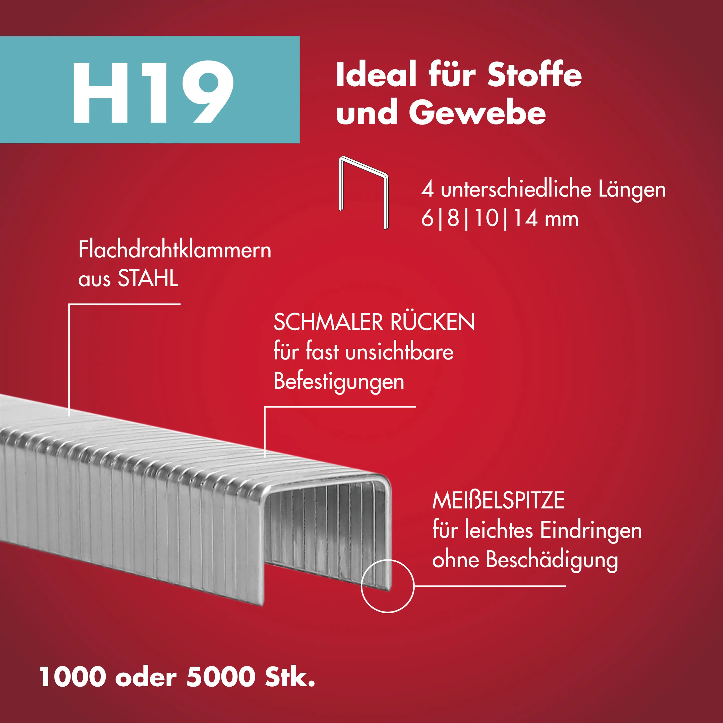 Arrow Tackerklammer Feindraht H19 10 mm Stoff & Gewebe 1000 Stück