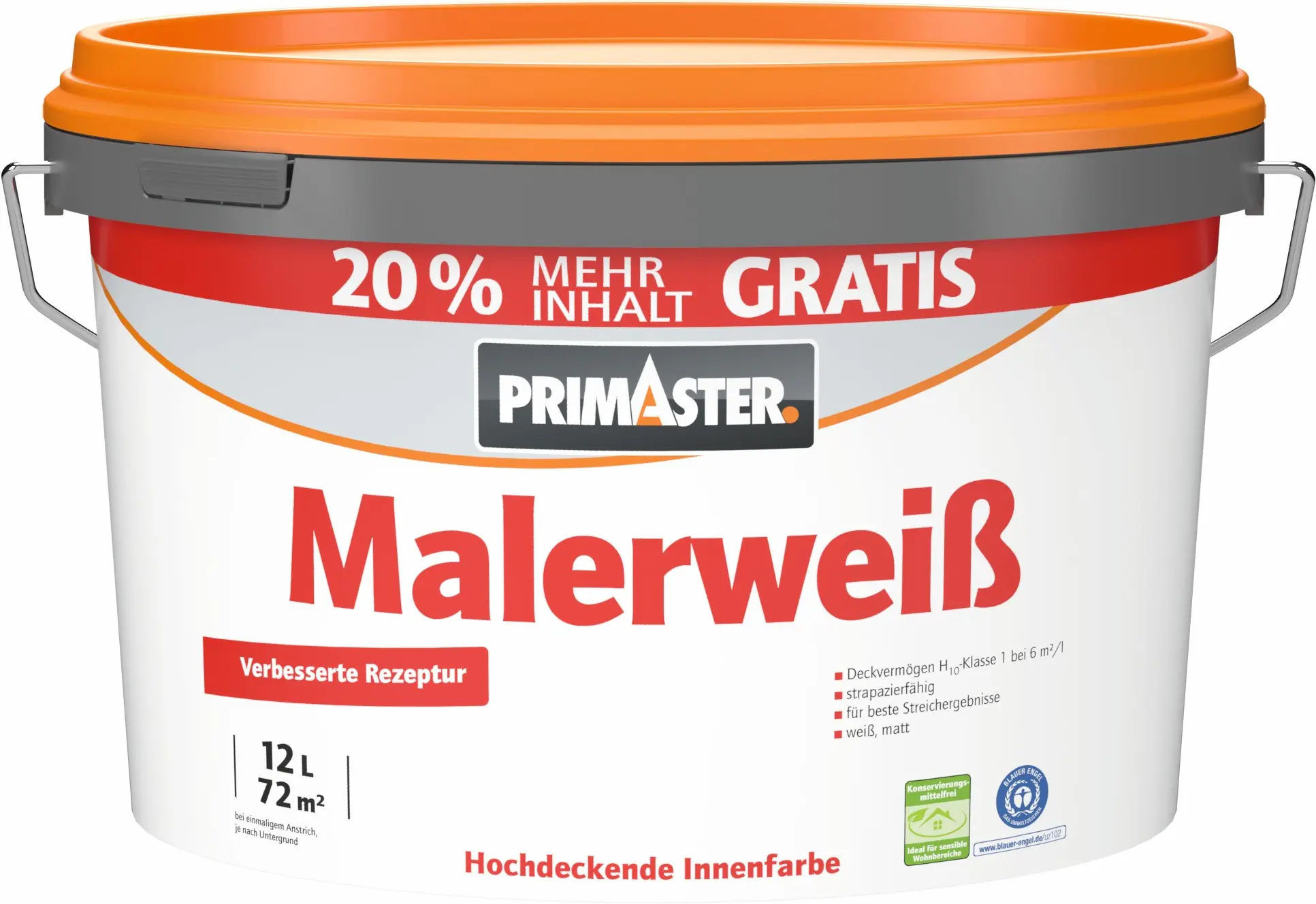 Primaster Wandfarbe Malerweiß konservierungsmittelfrei 12 L + 20% gratis