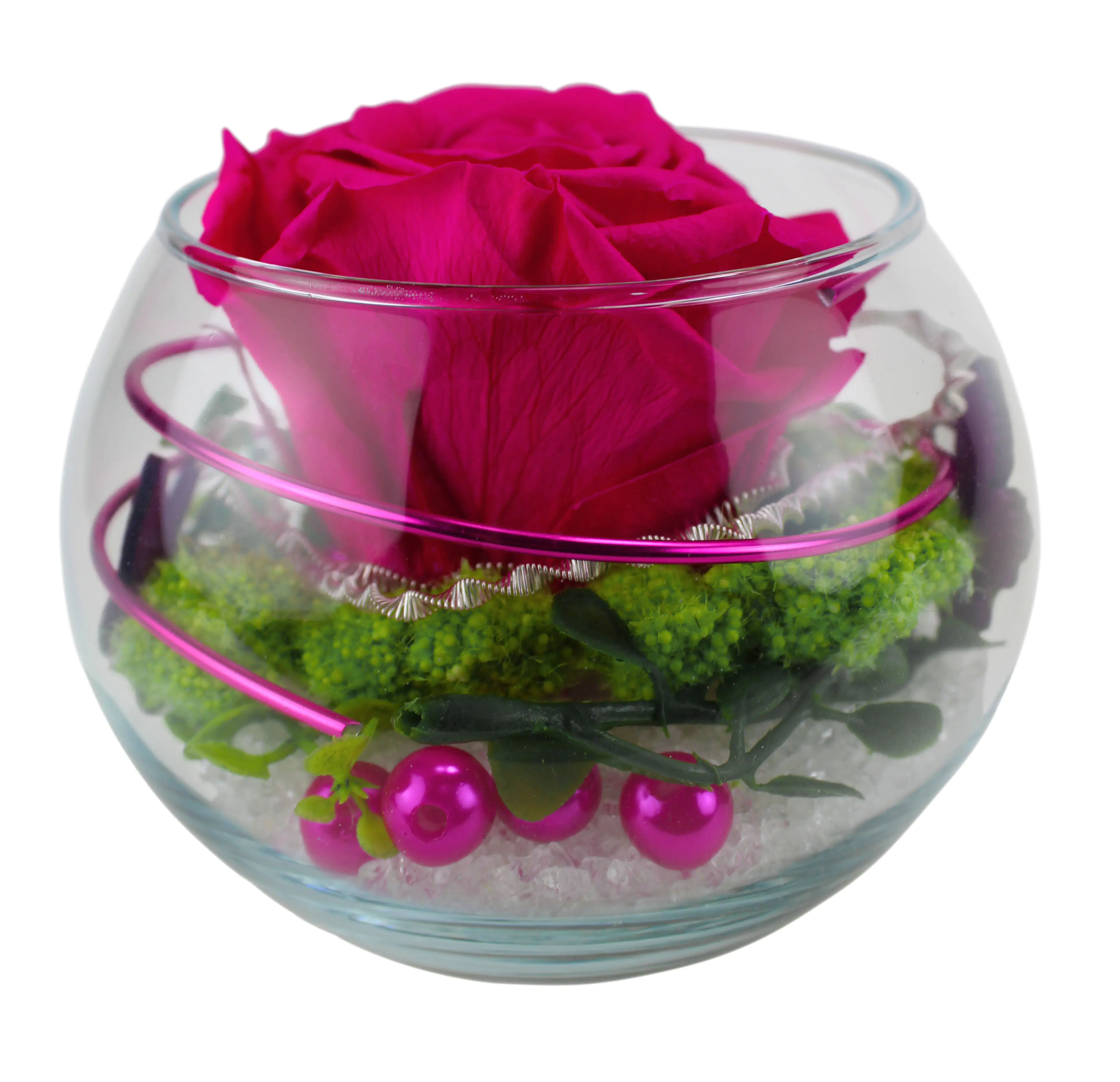 Arrangement Langzeitrose "Long Life", pink im Whiskeyglas mit Deko