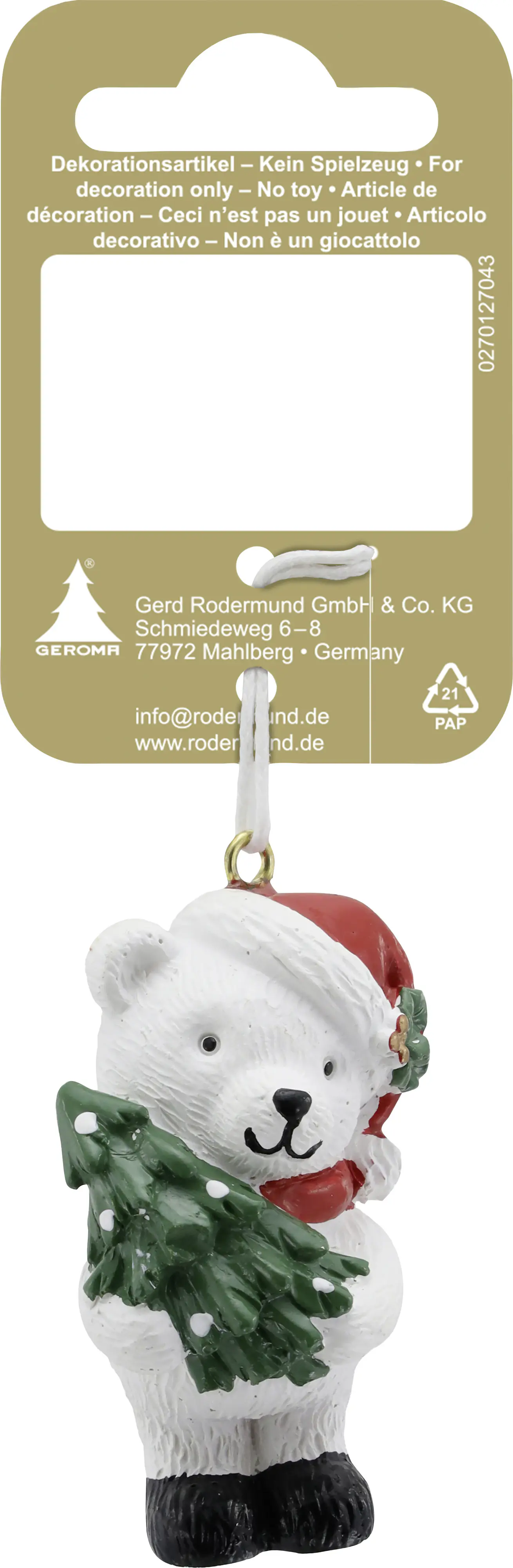 Weihnachtsanhänger Eisbär aus Kunststoff 5,5 x 3,5 cm weiß