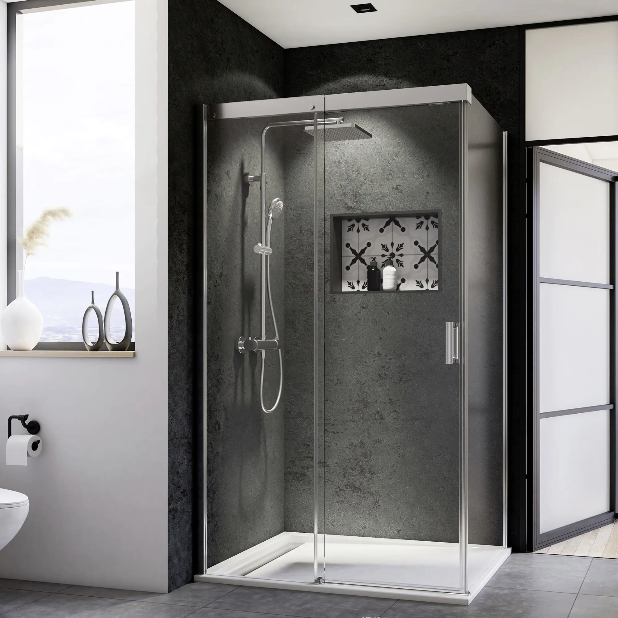 Breuer Schiebetür für Seitenwand Panorama 180 x 200 cm, Alu Chromeffekt, Klarglas/Spiegelglas