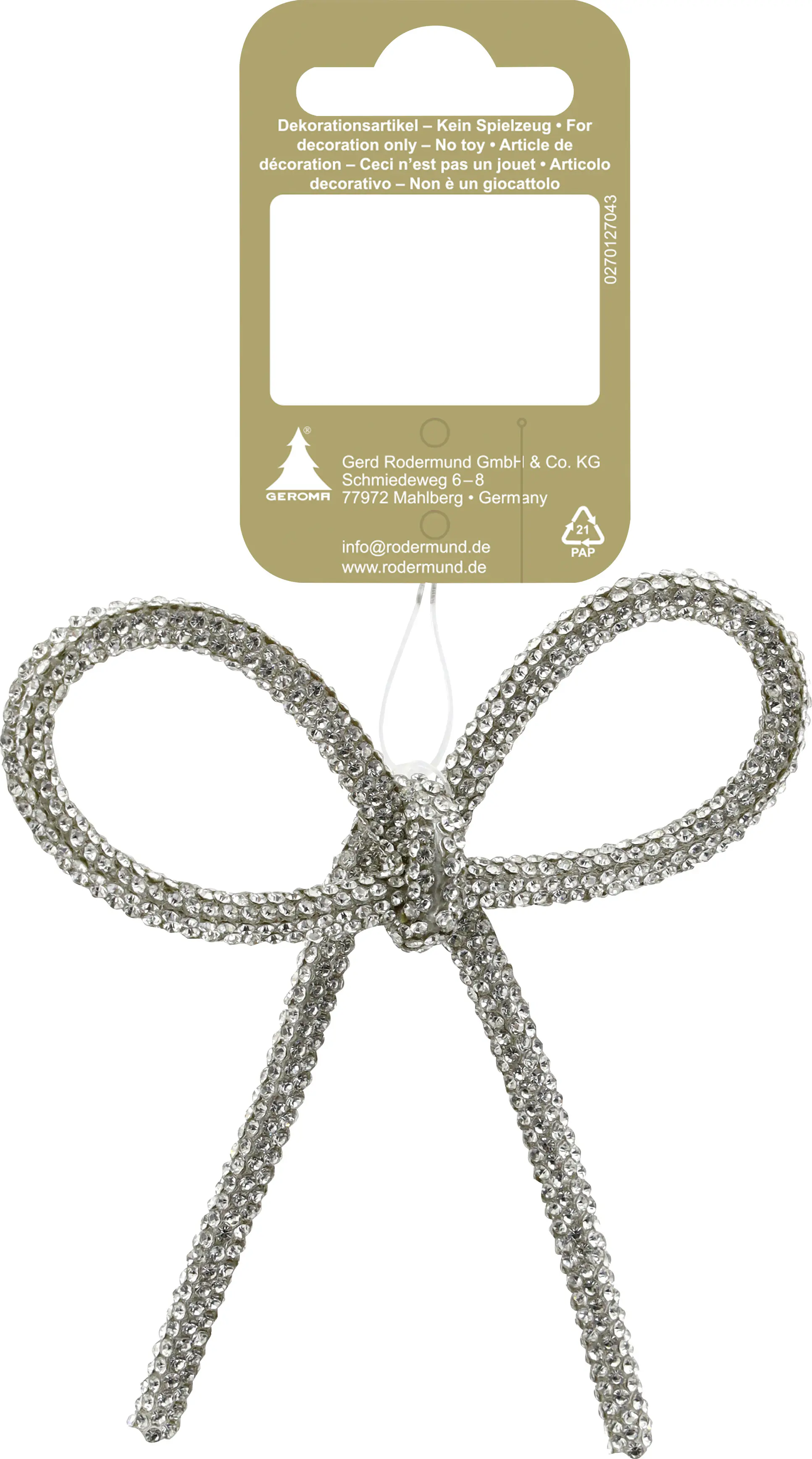Weihnachtsanhänger Schleife aus Kunststoff mit Strasssteinen 10 x 9 cm silber