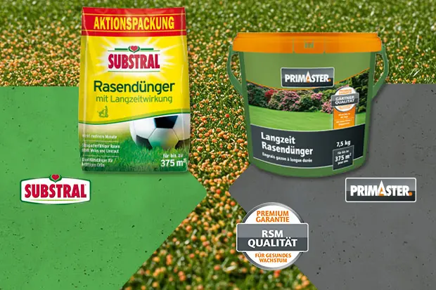 Vergleich von Langzeit-Rasendünger von Substral und Primaster mit Bildern. Primaster mit RSM Qualität und Premium Garantie für gesundes Wachstum.